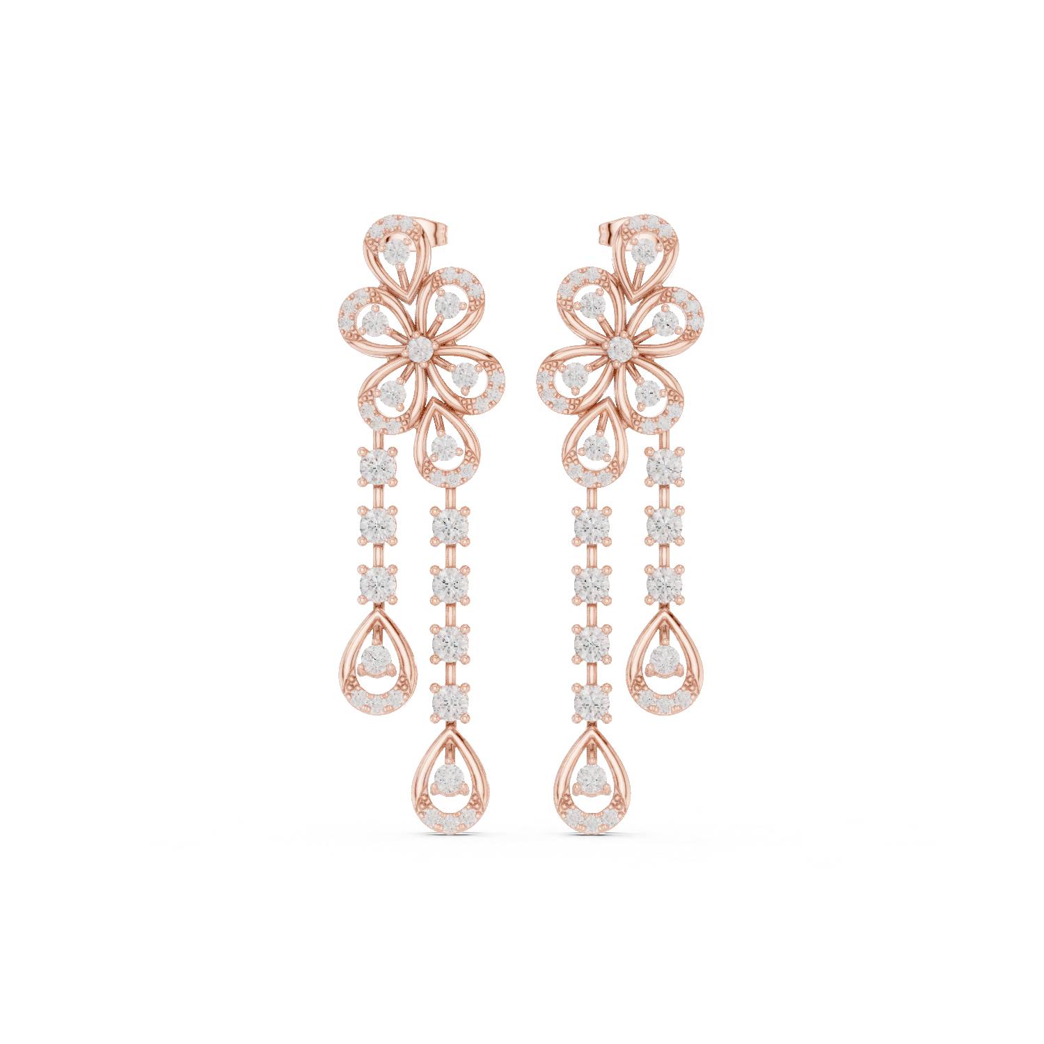 Floral Diamond Drop Earrings with Double Chain Dangles