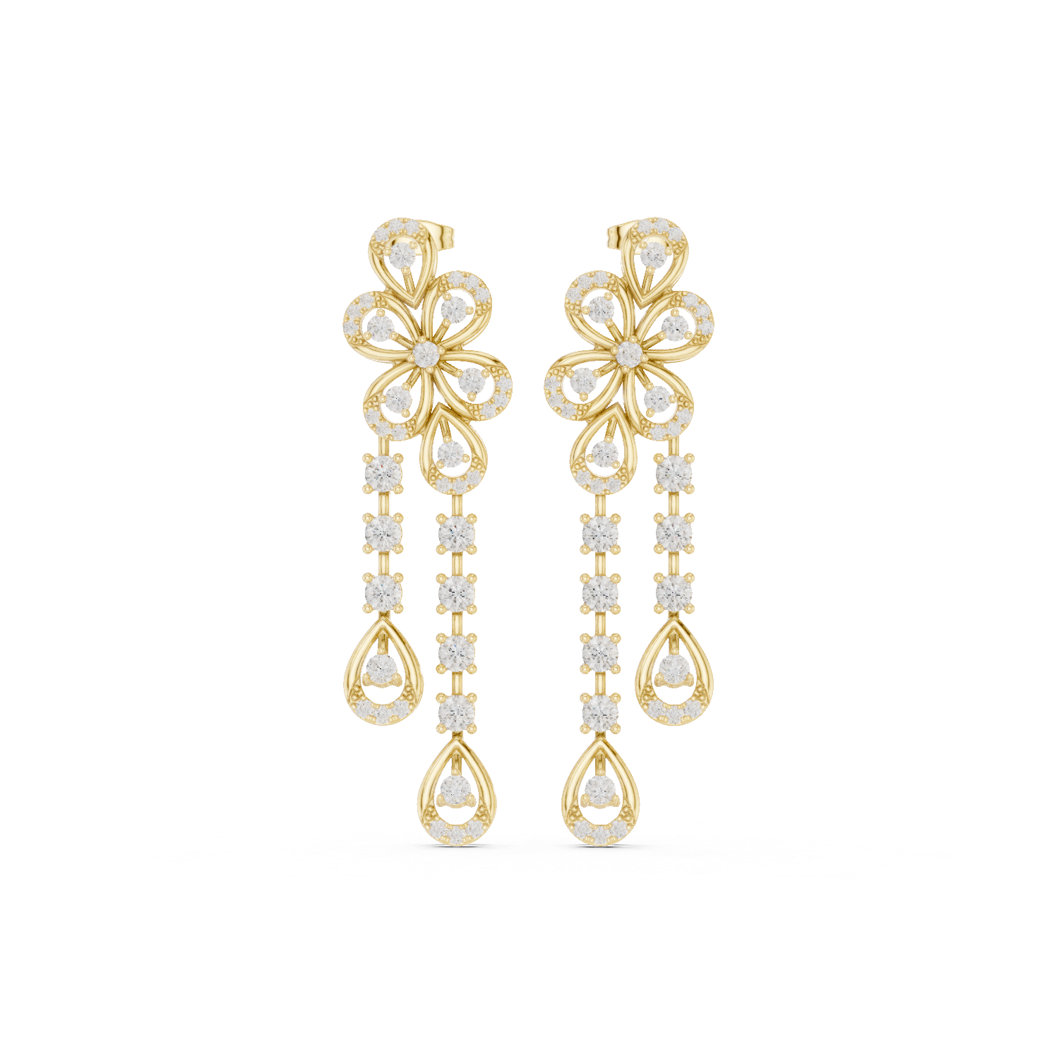 Floral Diamond Drop Earrings with Double Chain Dangles