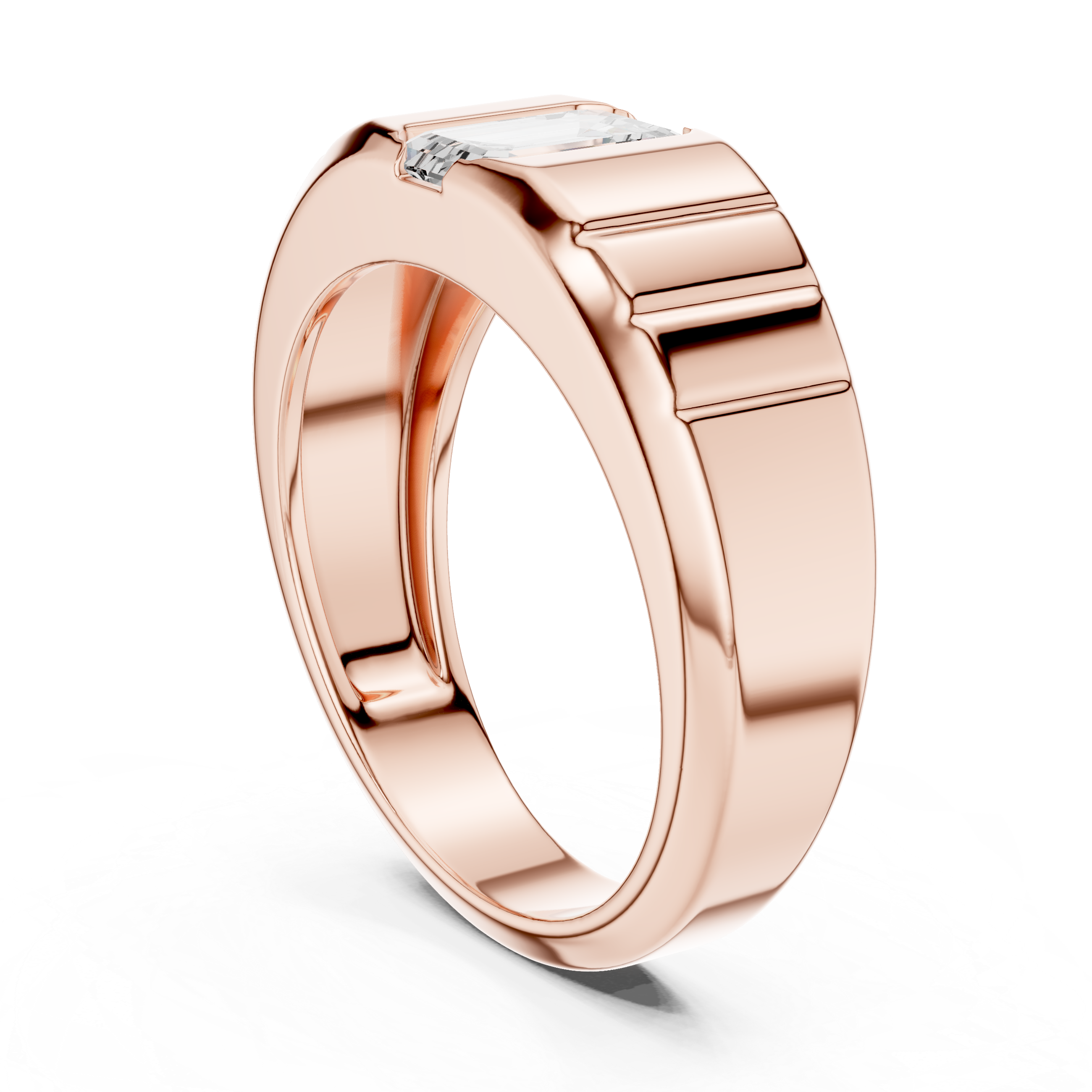 Emerald Cut Diamond Signet Ring with Grooved Band