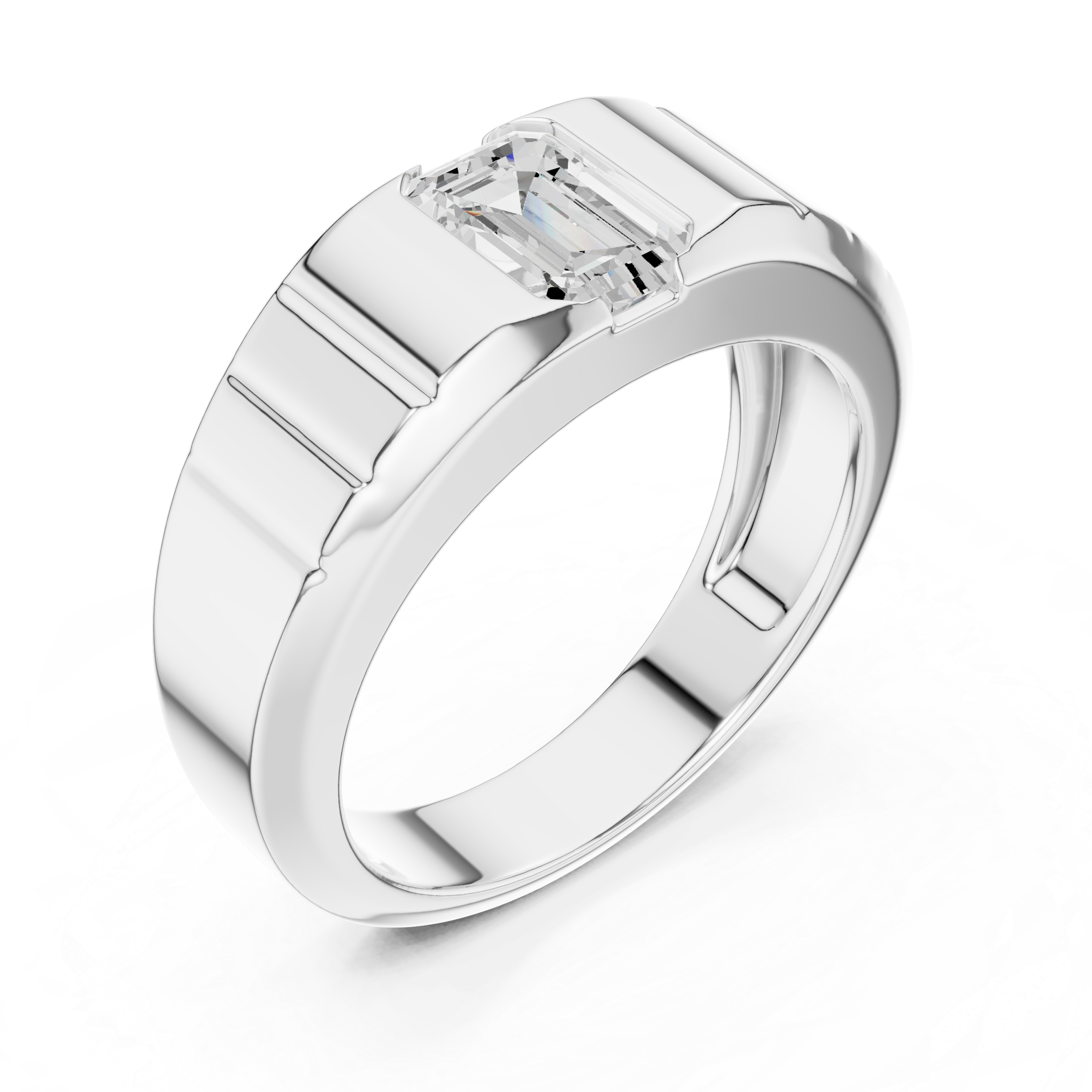 Emerald Cut Diamond Signet Ring with Grooved Band