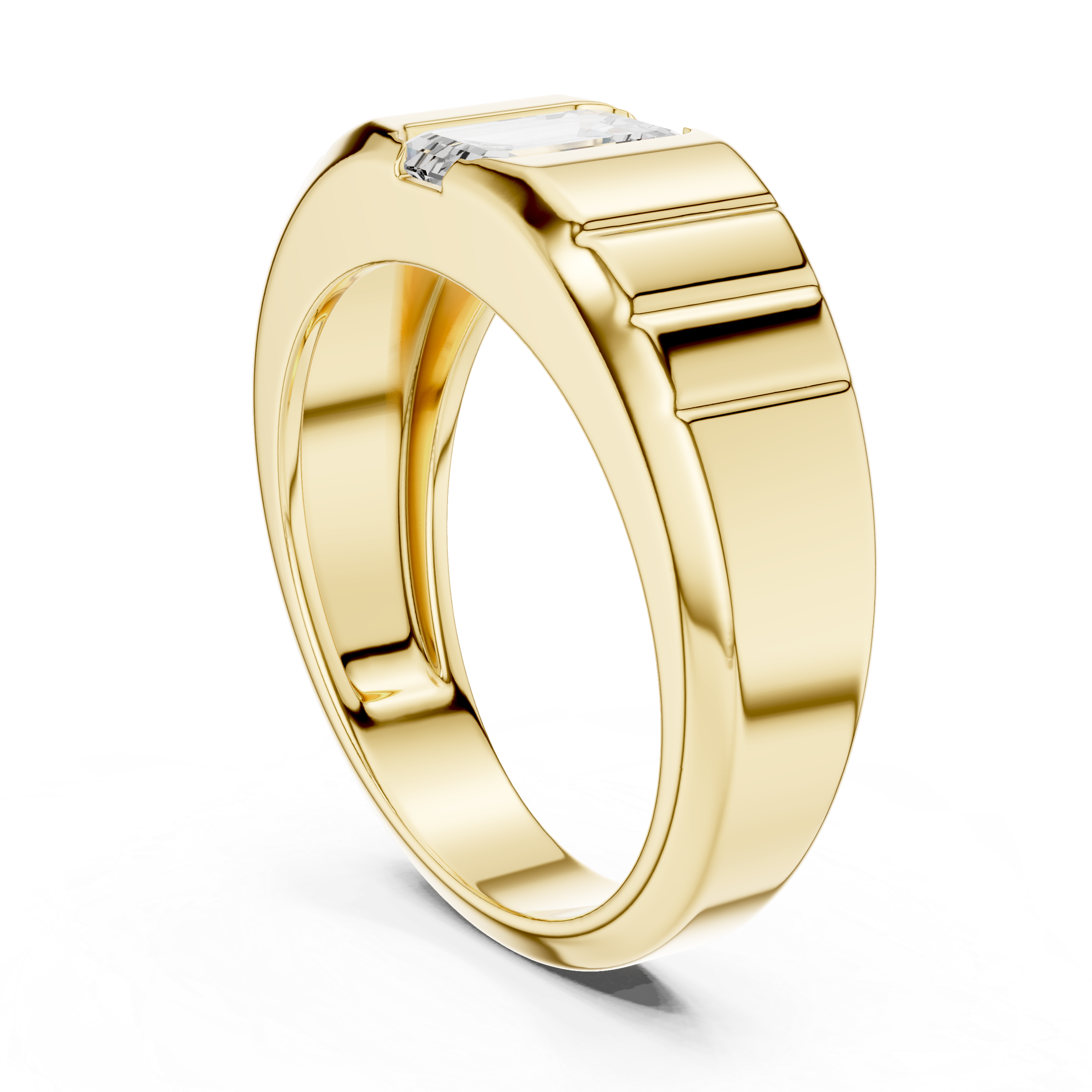 Emerald Cut Diamond Signet Ring with Grooved Band
