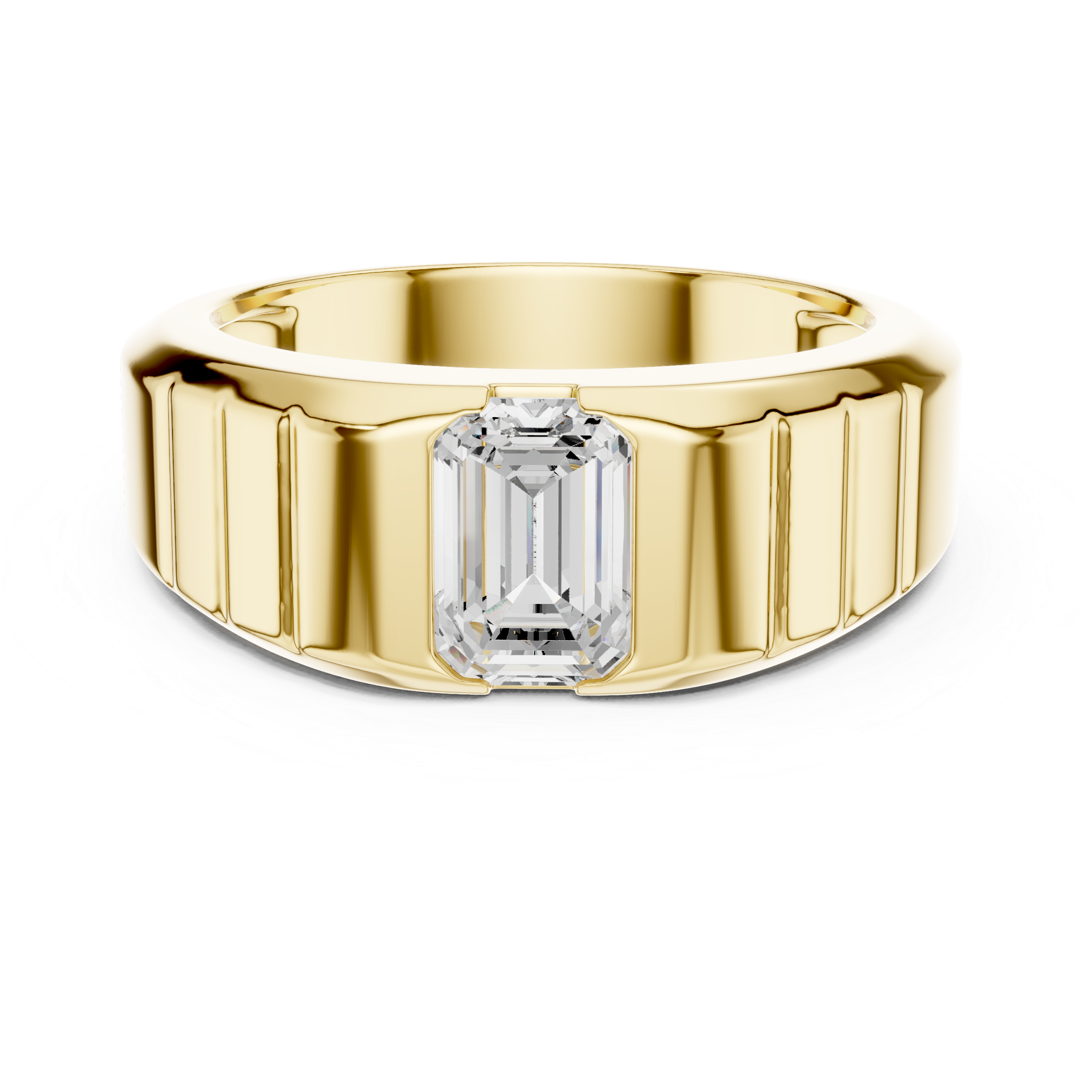 Emerald Cut Diamond Signet Ring with Grooved Band
