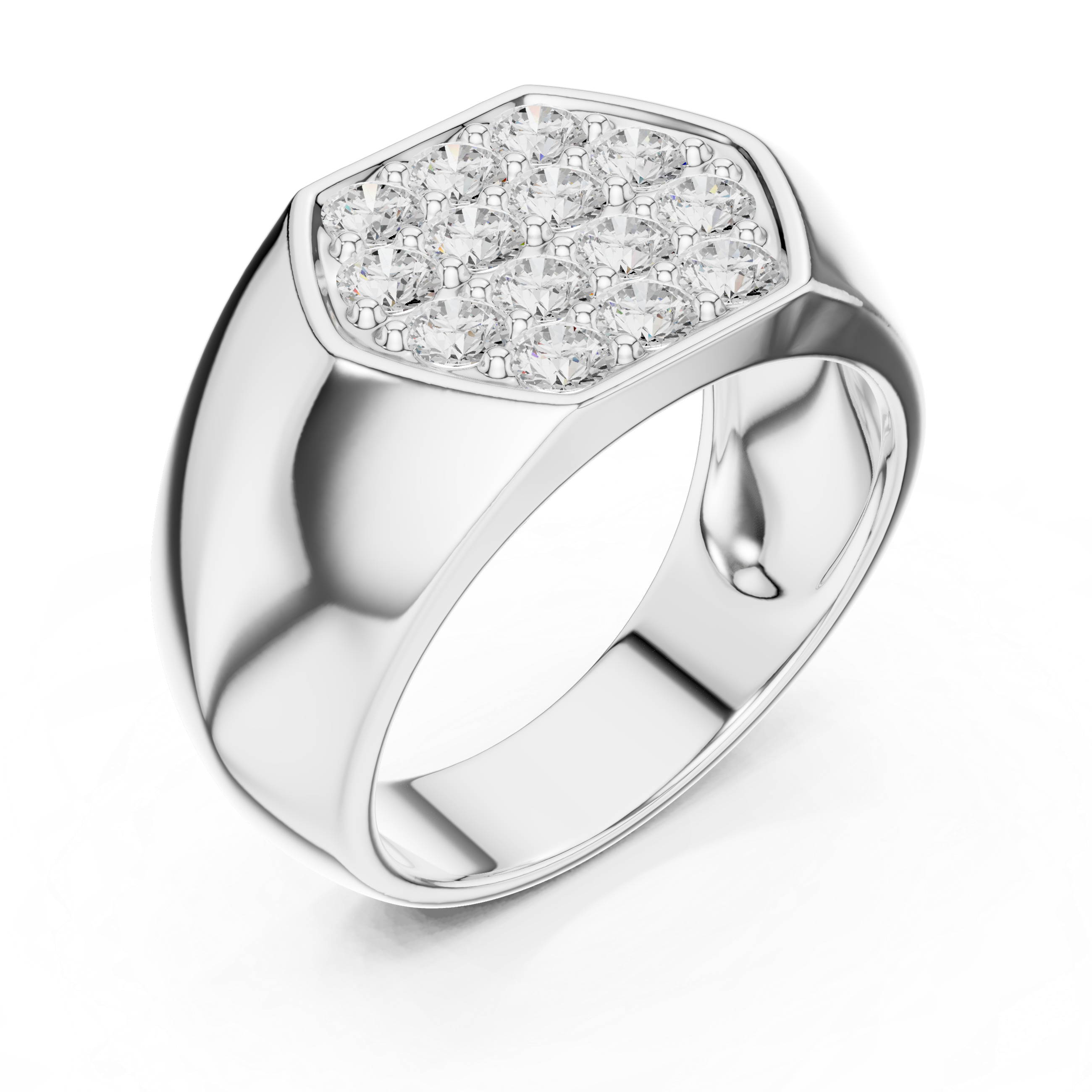 Round Diamond Cluster Signet Ring with Pavé Setting