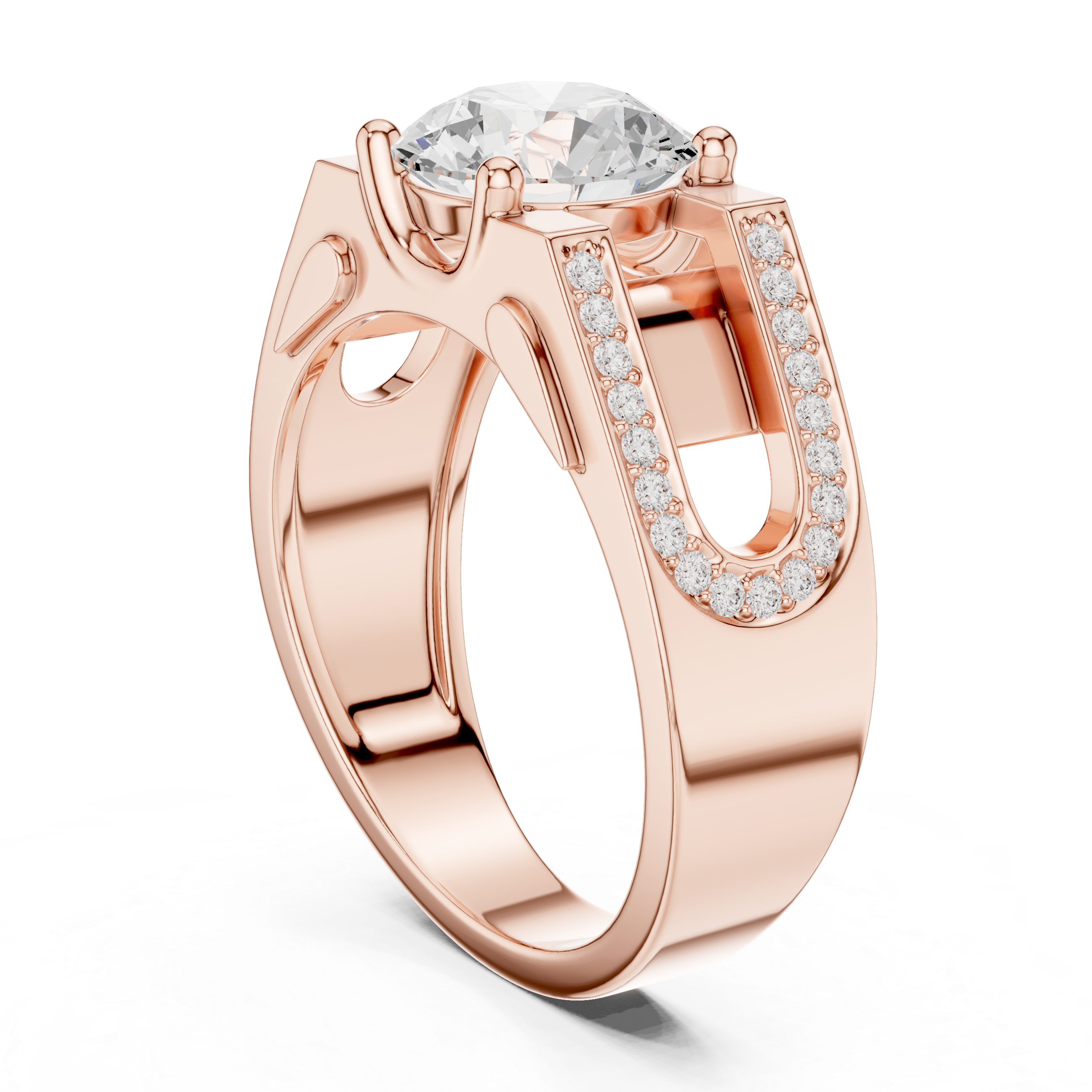Round Cut Diamond Men’s Ring with Double Pavé U-Channel Design