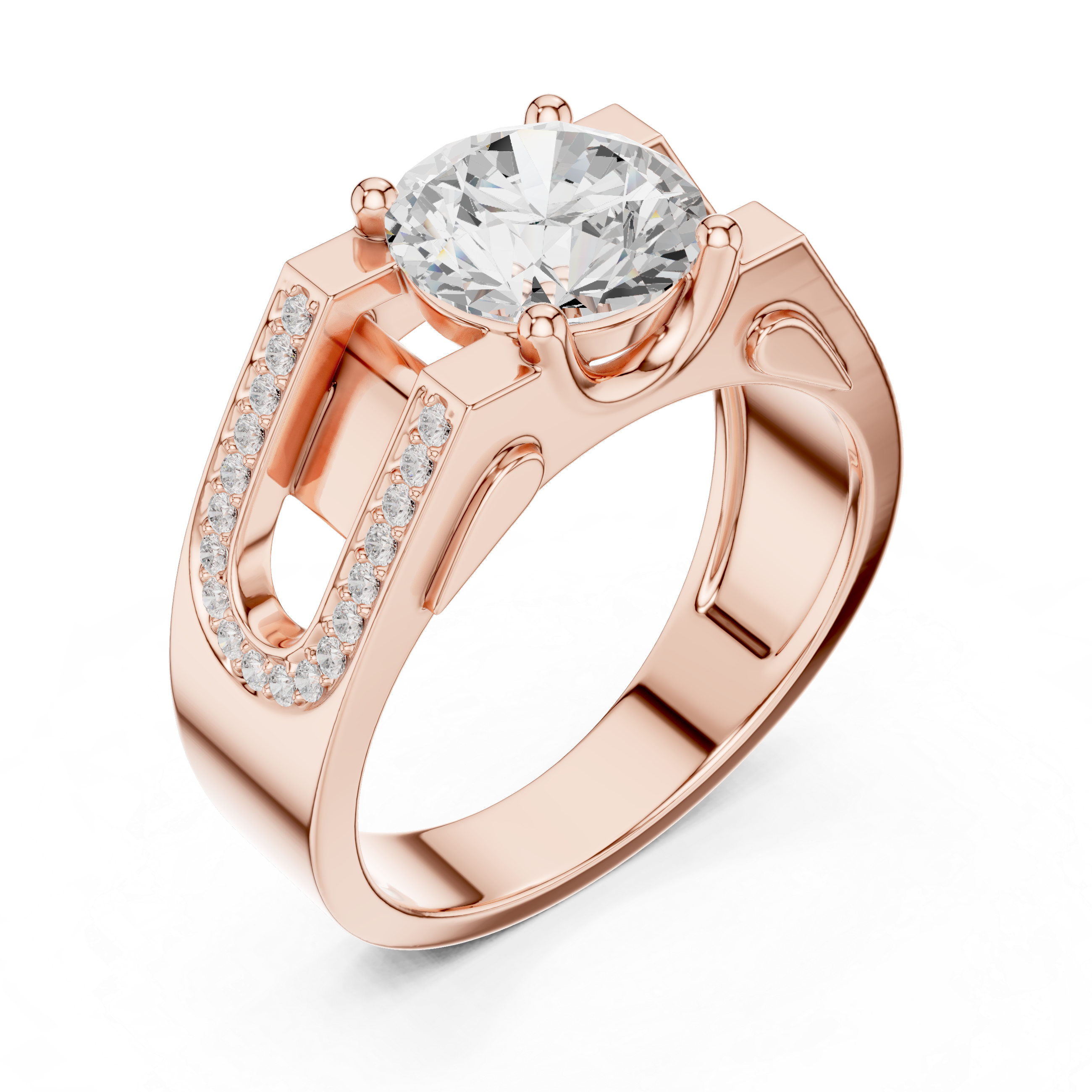 Round Cut Diamond Men’s Ring with Double Pavé U-Channel Design