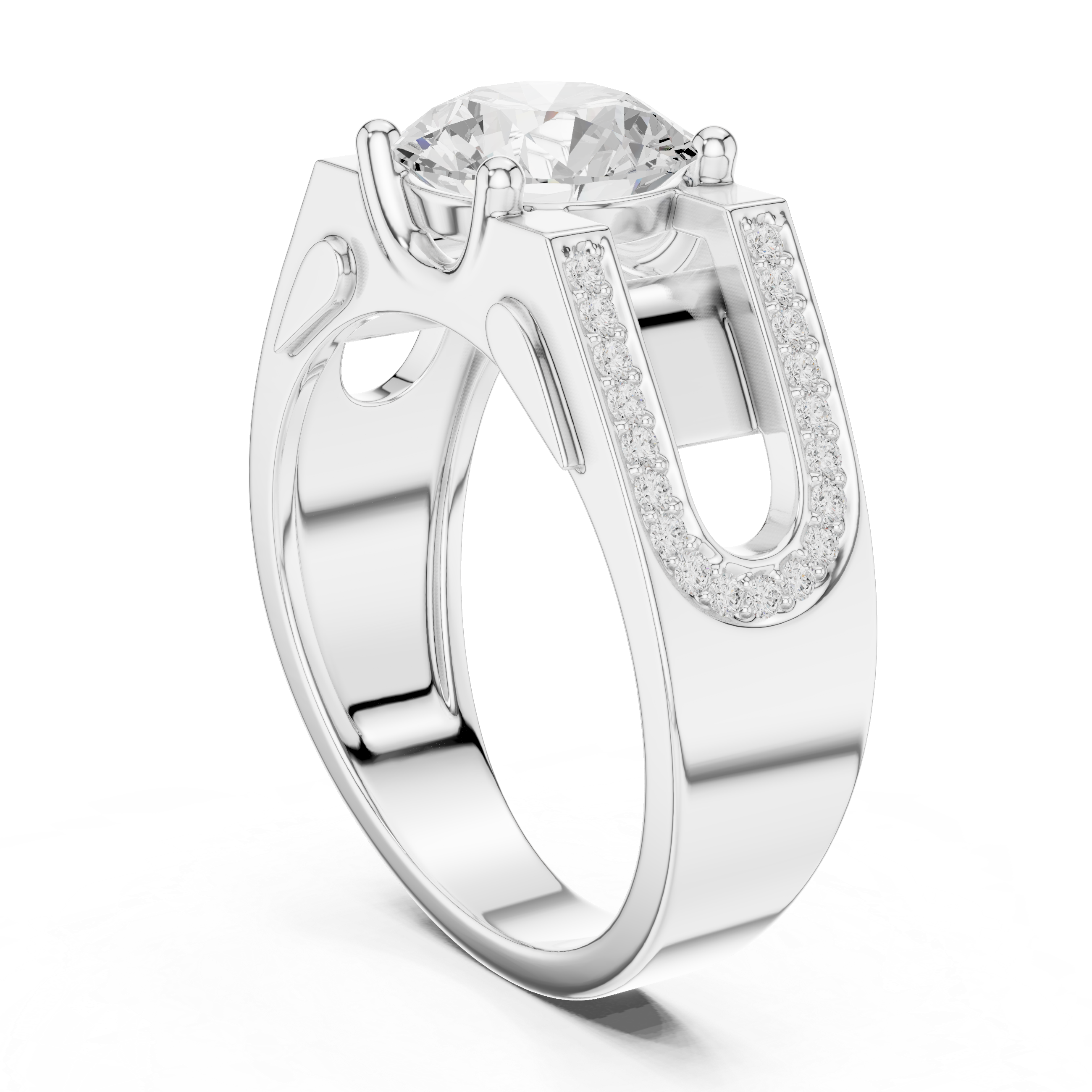 Round Cut Diamond Men’s Ring with Double Pavé U-Channel Design