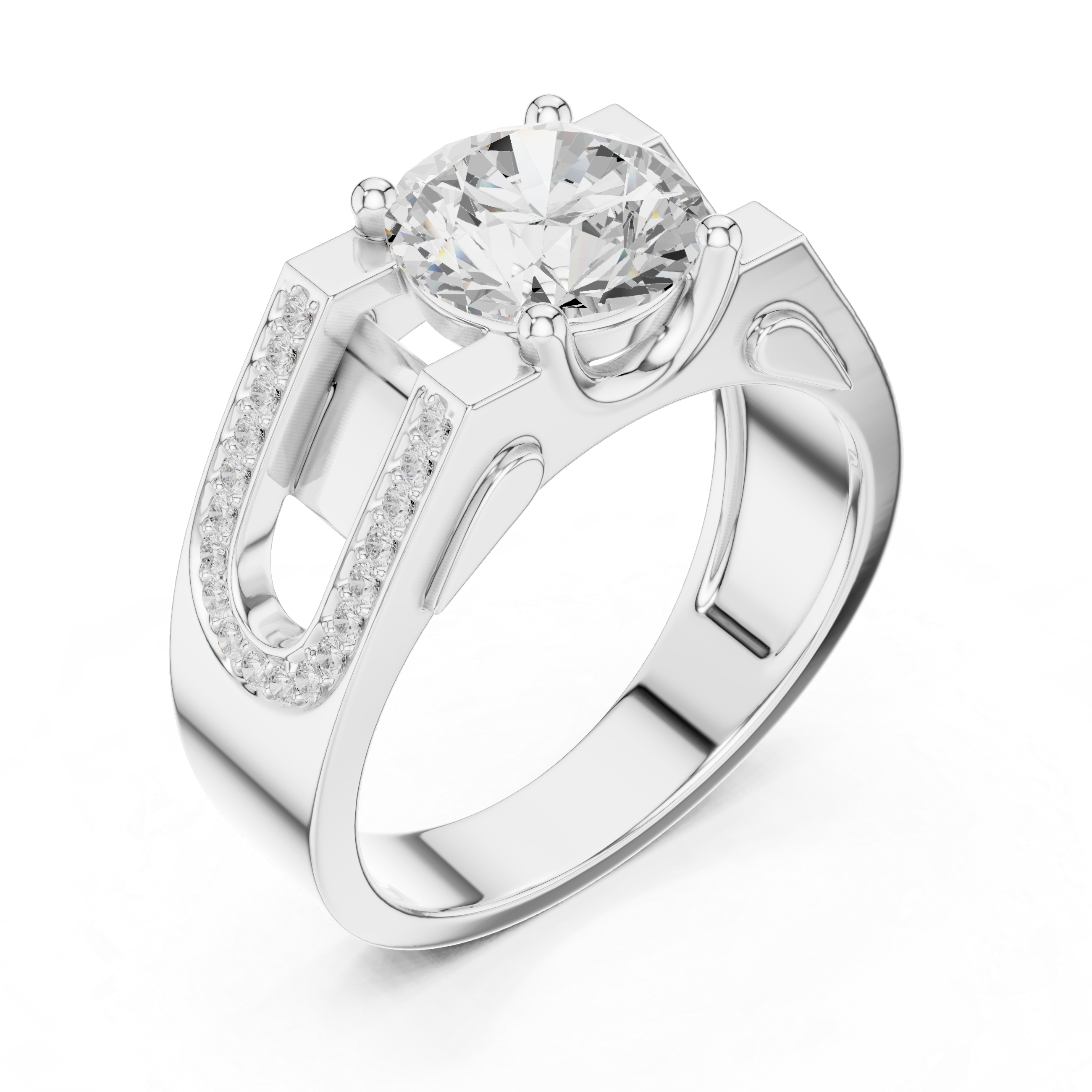 Round Cut Diamond Men’s Ring with Double Pavé U-Channel Design