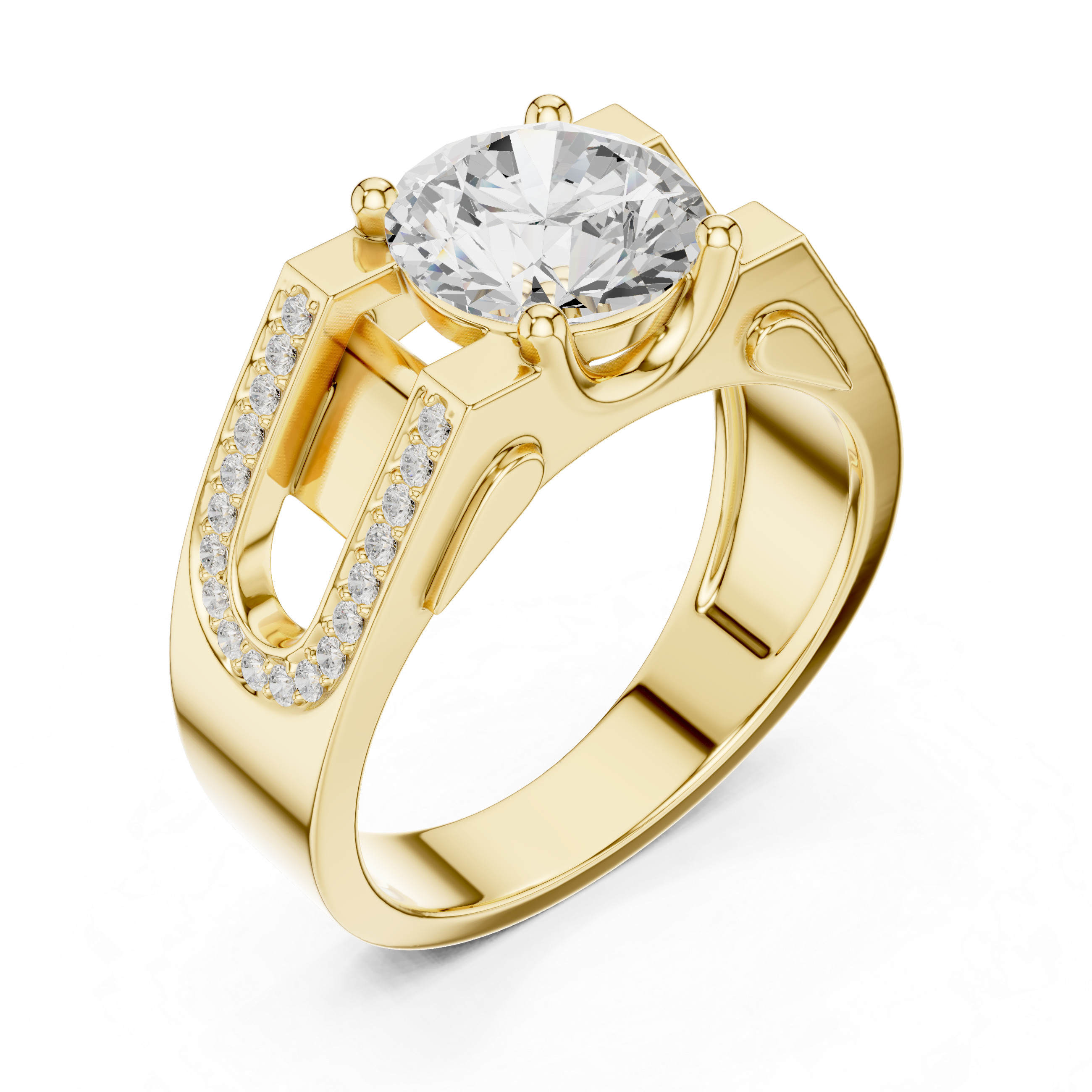 Round Cut Diamond Men’s Ring with Double Pavé U-Channel Design
