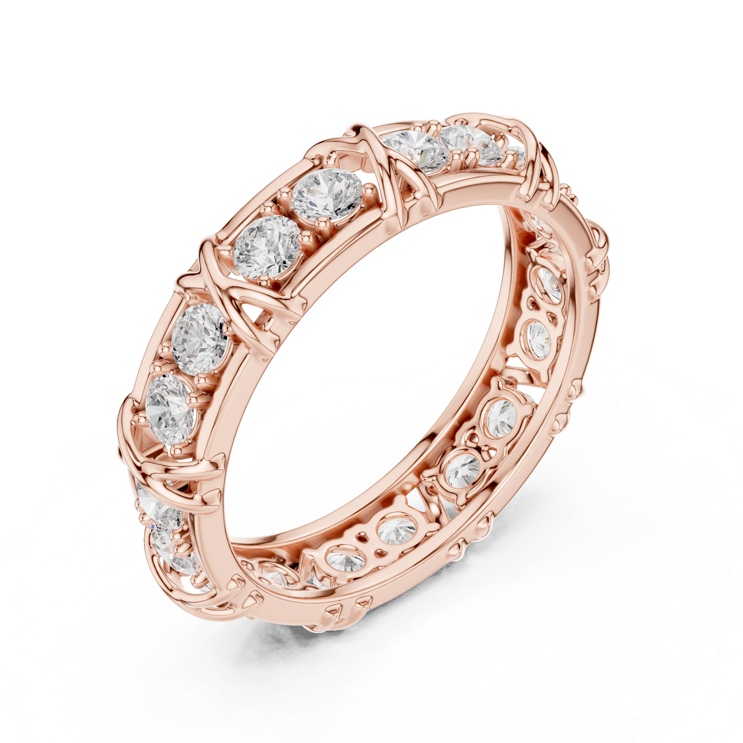 Round Cut Eternity Ring with Vintage X-Prong Cage Design