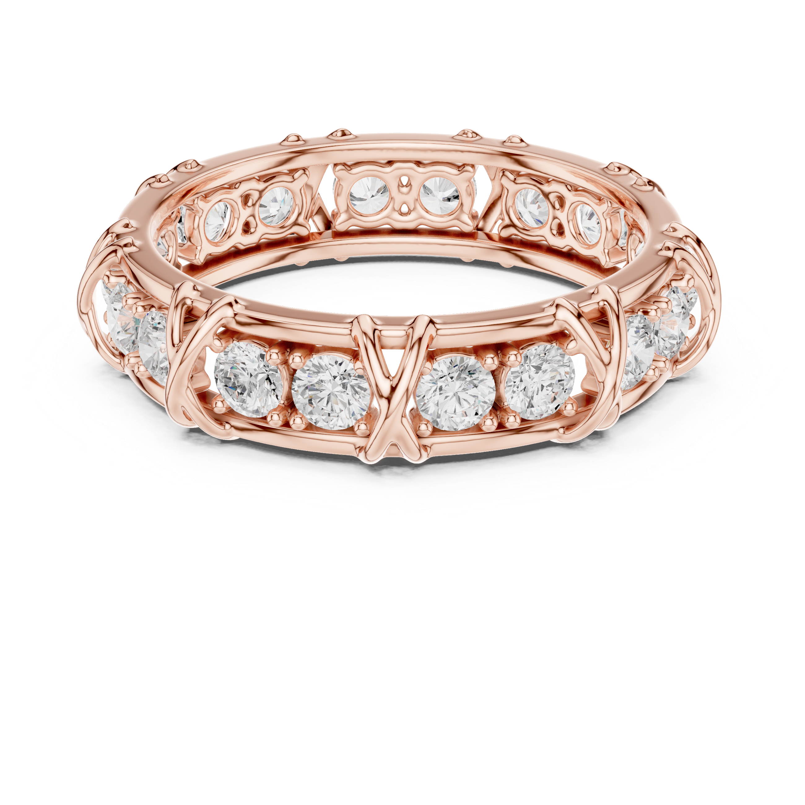 Round Cut Eternity Ring with Vintage X-Prong Cage Design