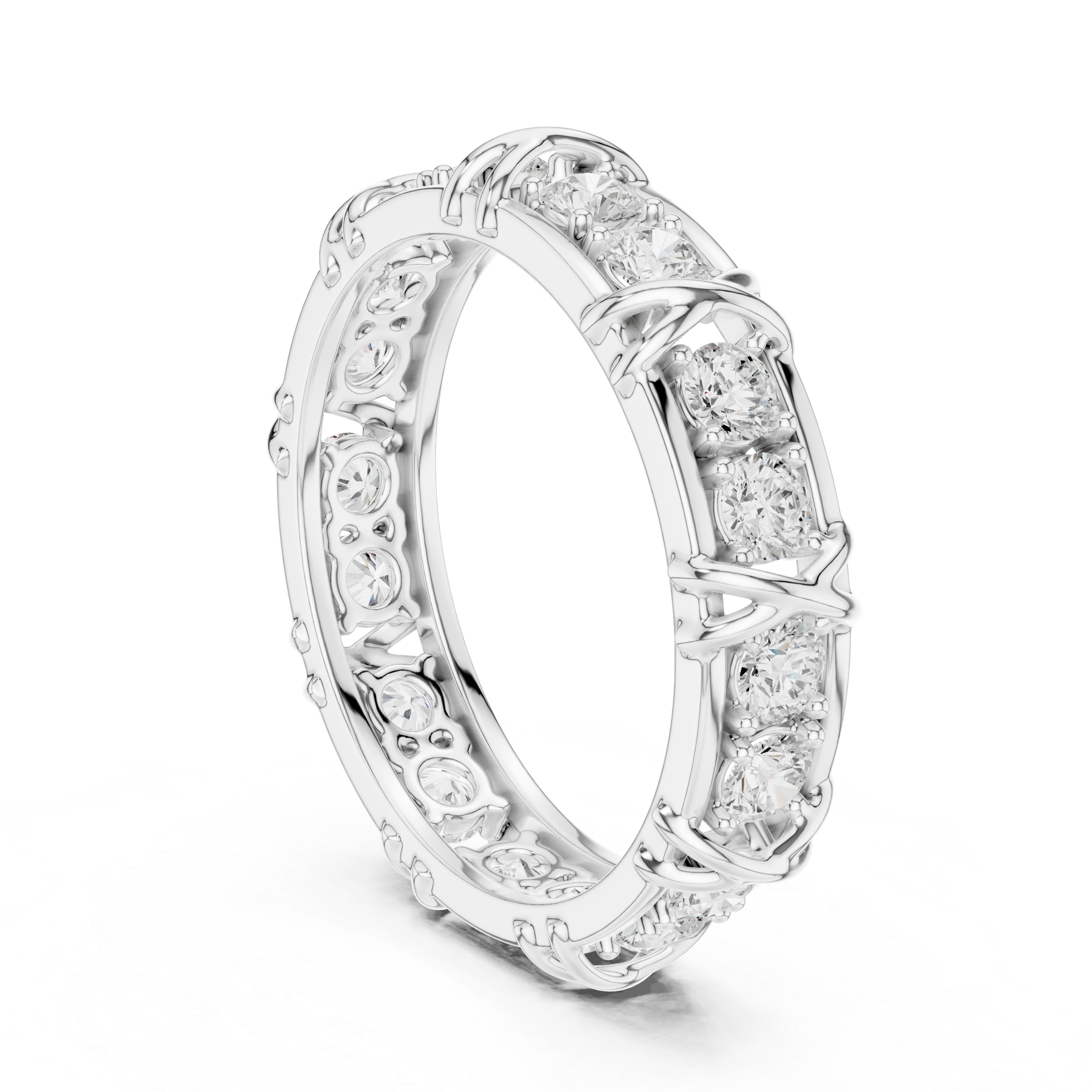 Round Cut Eternity Ring with Vintage X-Prong Cage Design