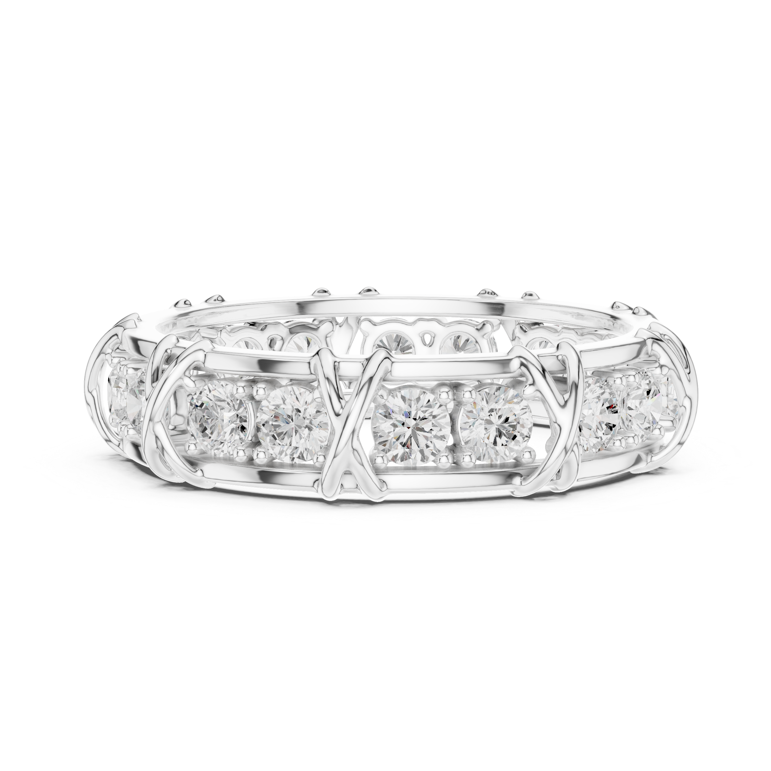 Round Cut Eternity Ring with Vintage X-Prong Cage Design