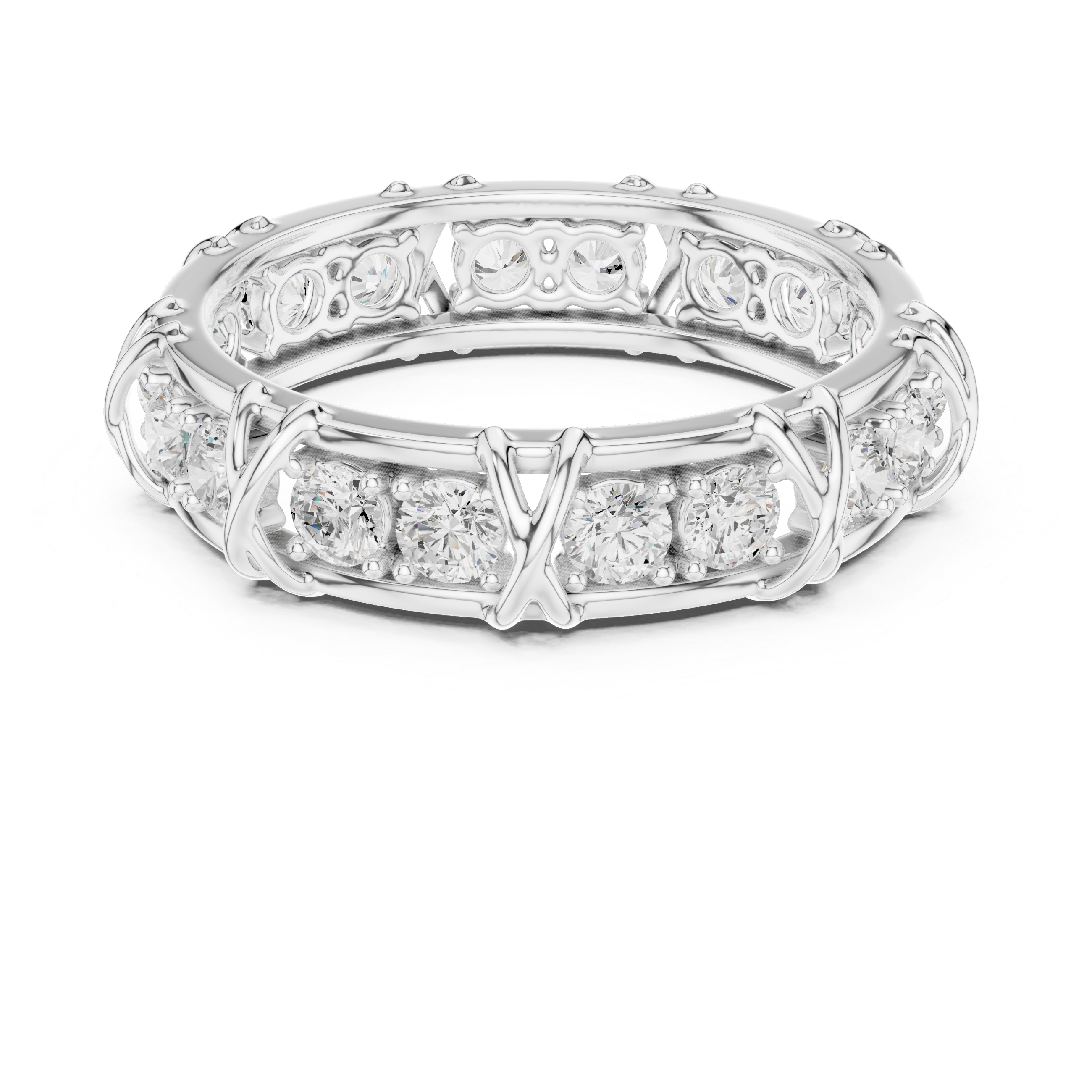Round Cut Eternity Ring with Vintage X-Prong Cage Design