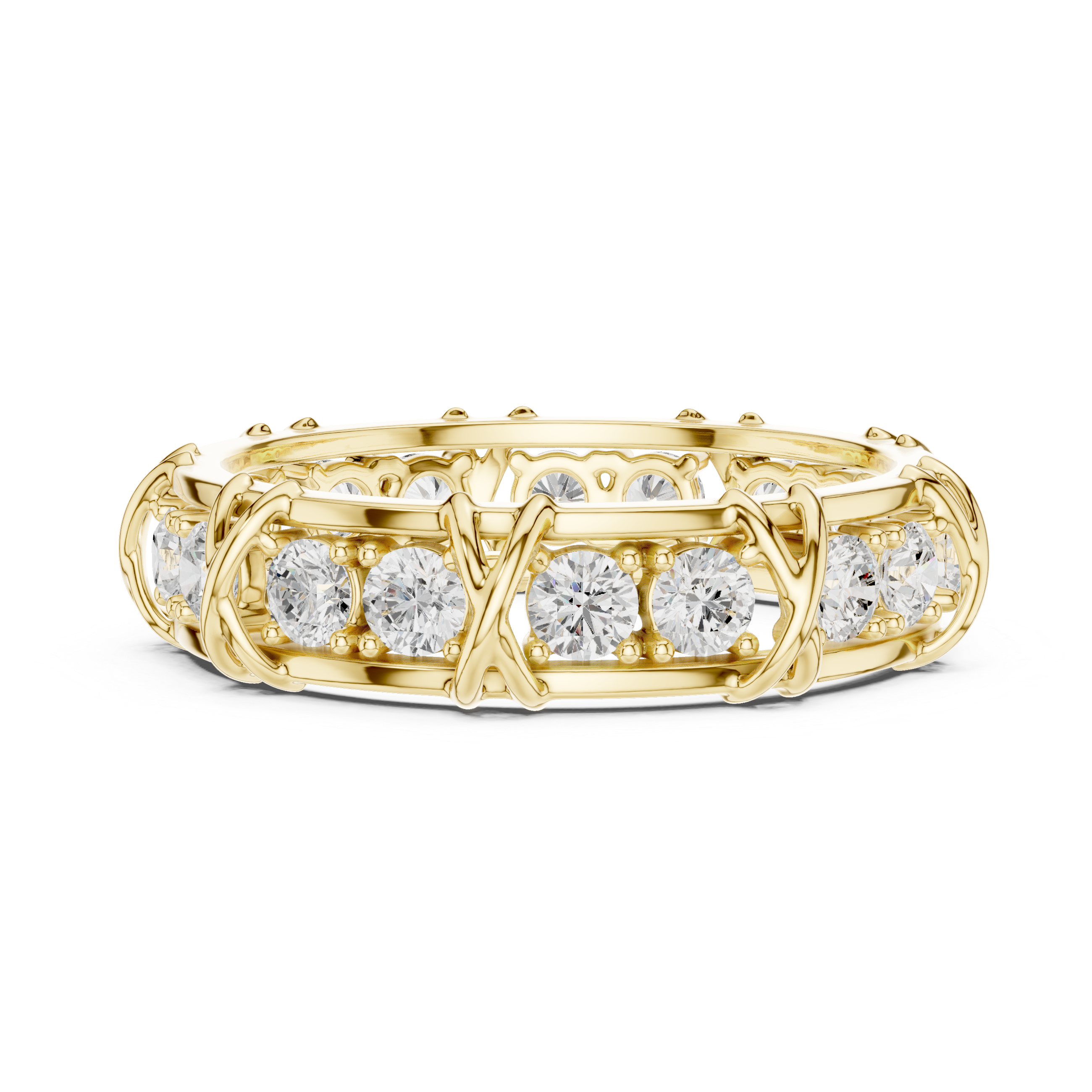Round Cut Eternity Ring with Vintage X-Prong Cage Design