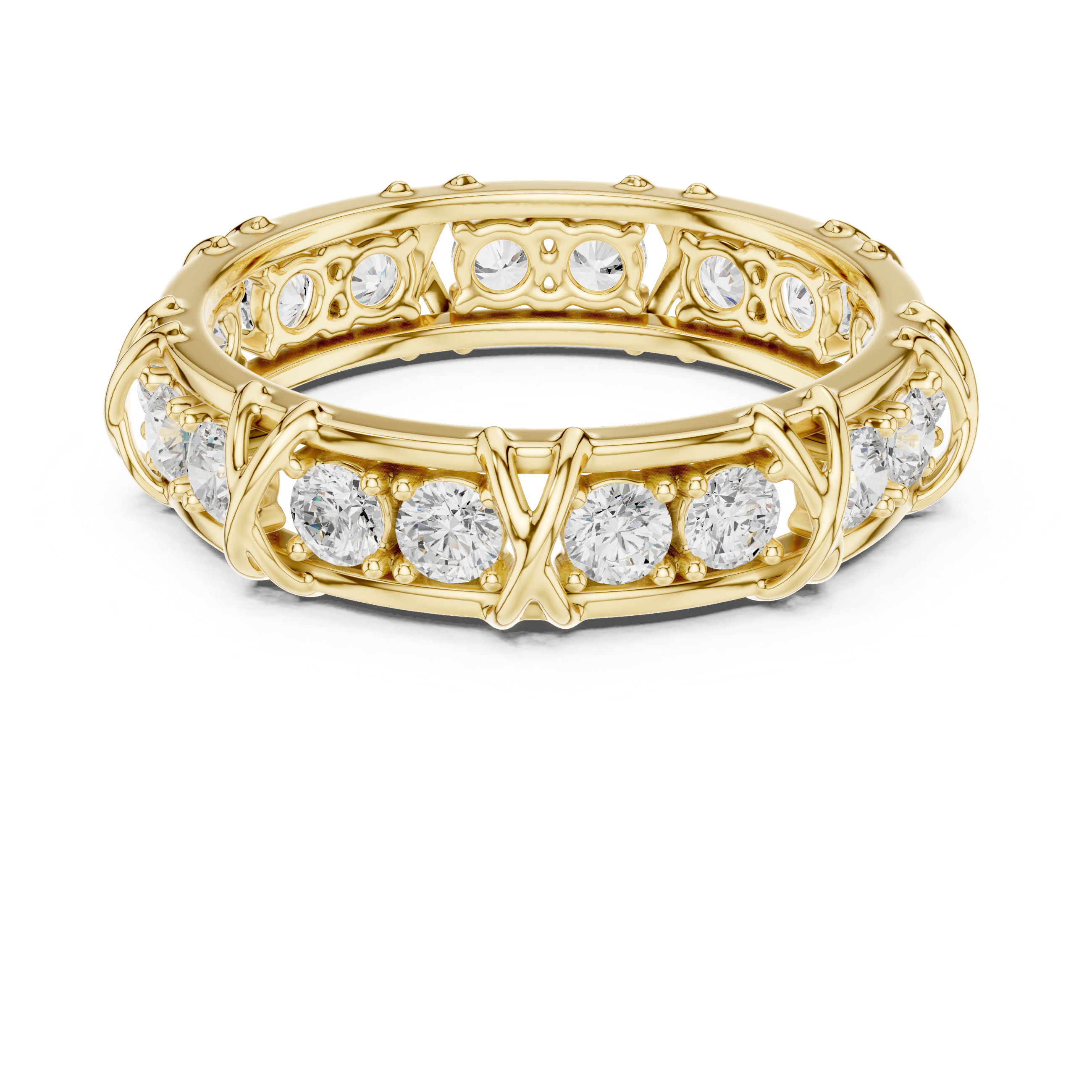 Round Cut Eternity Ring with Vintage X-Prong Cage Design