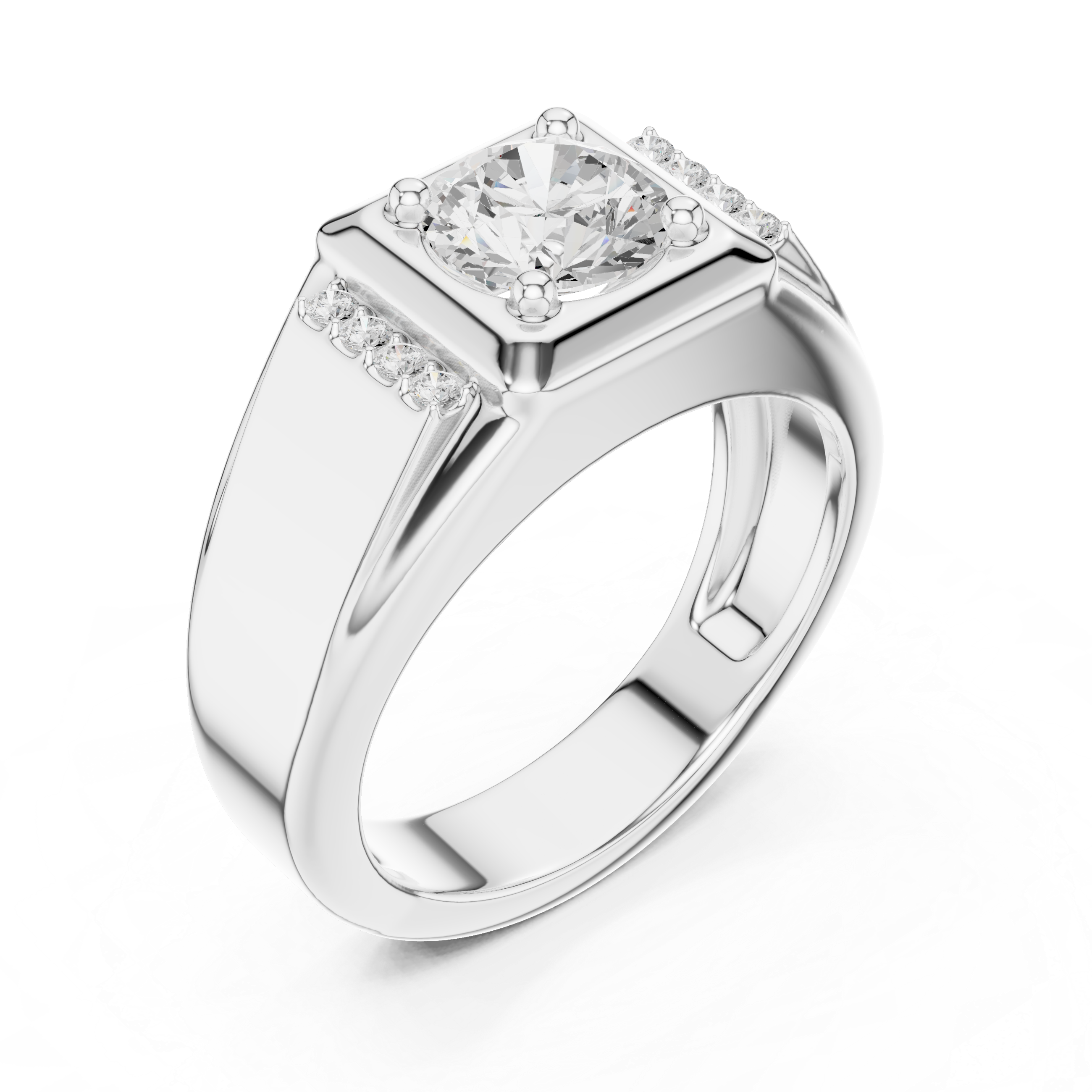 Round Cut Stone Men's Ring – Bold Design with Side Pavé Details