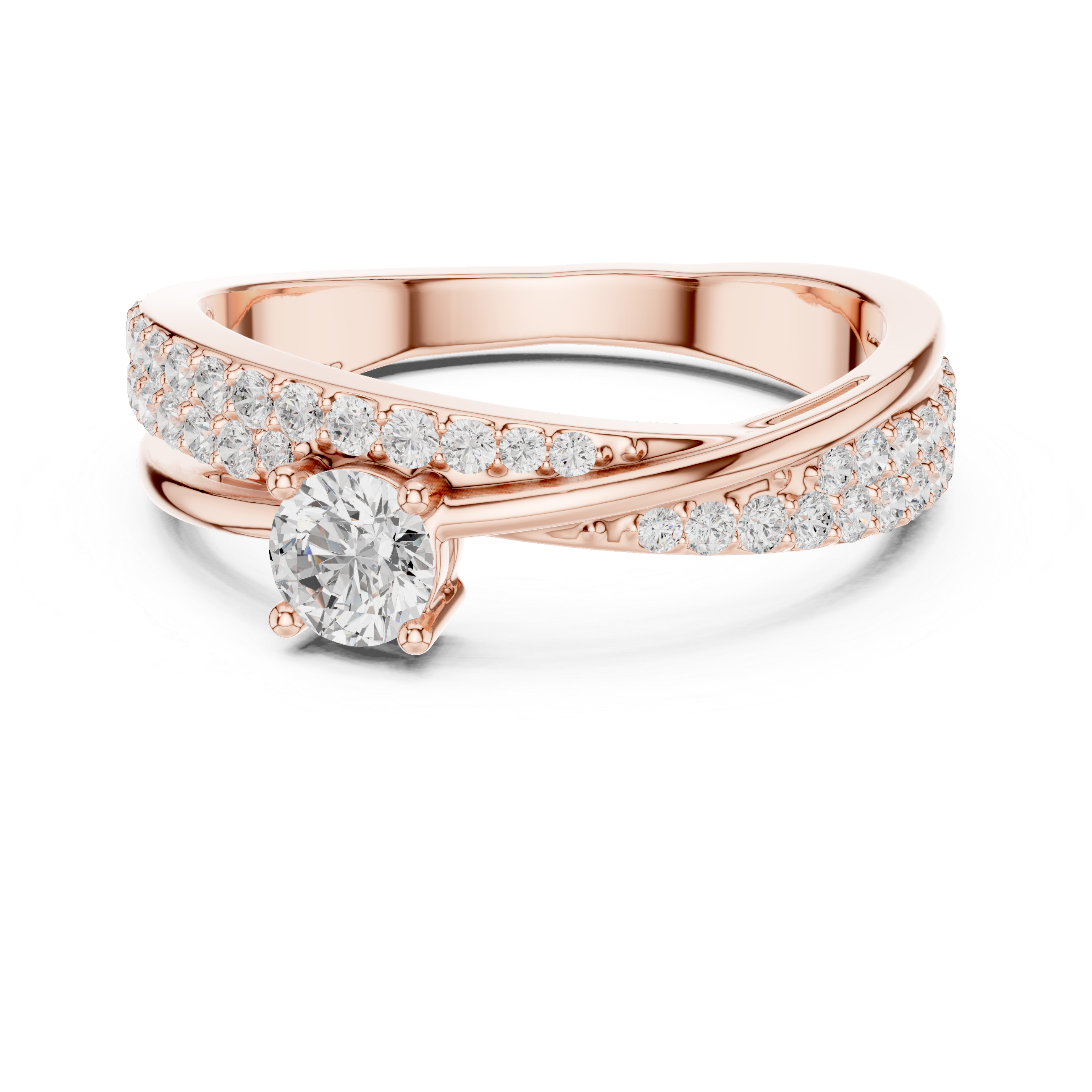 Twisted Pavé Diamond Engagement Ring – Cross Over Solitaire Ring with Split Shank Design