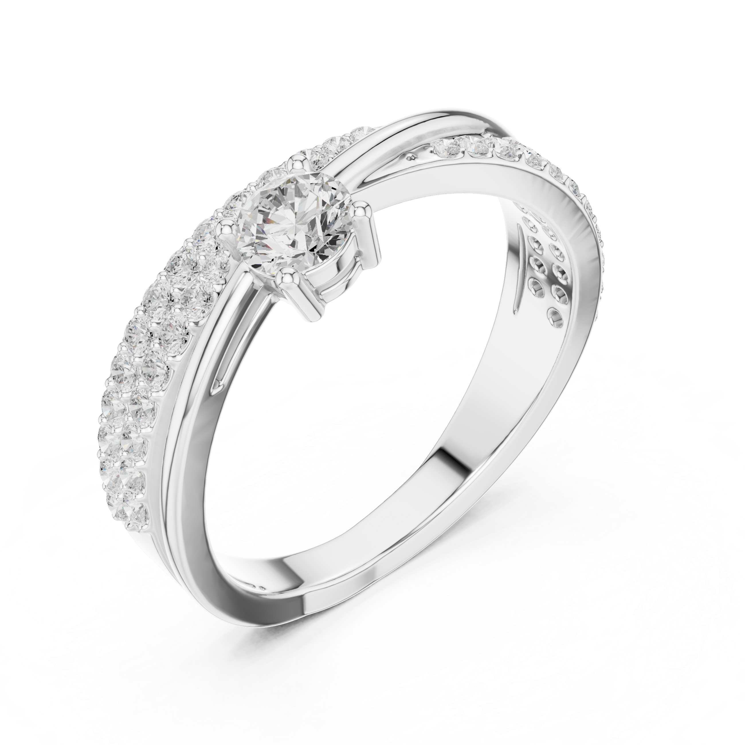 Twisted Pavé Diamond Engagement Ring – Cross Over Solitaire Ring with Split Shank Design