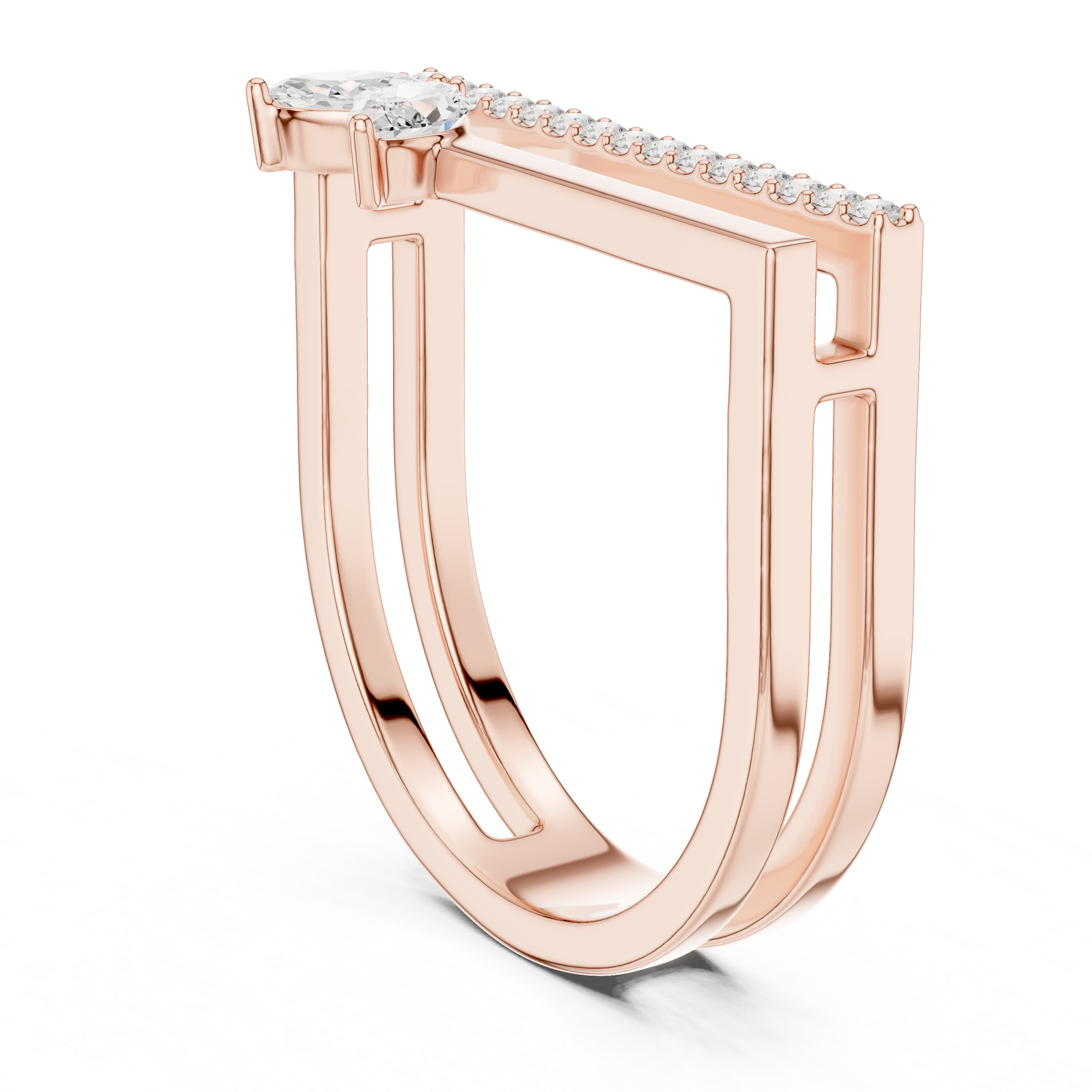 Double Bar Open Ring with Marquise Diamond Accent and Pavé Bar Band