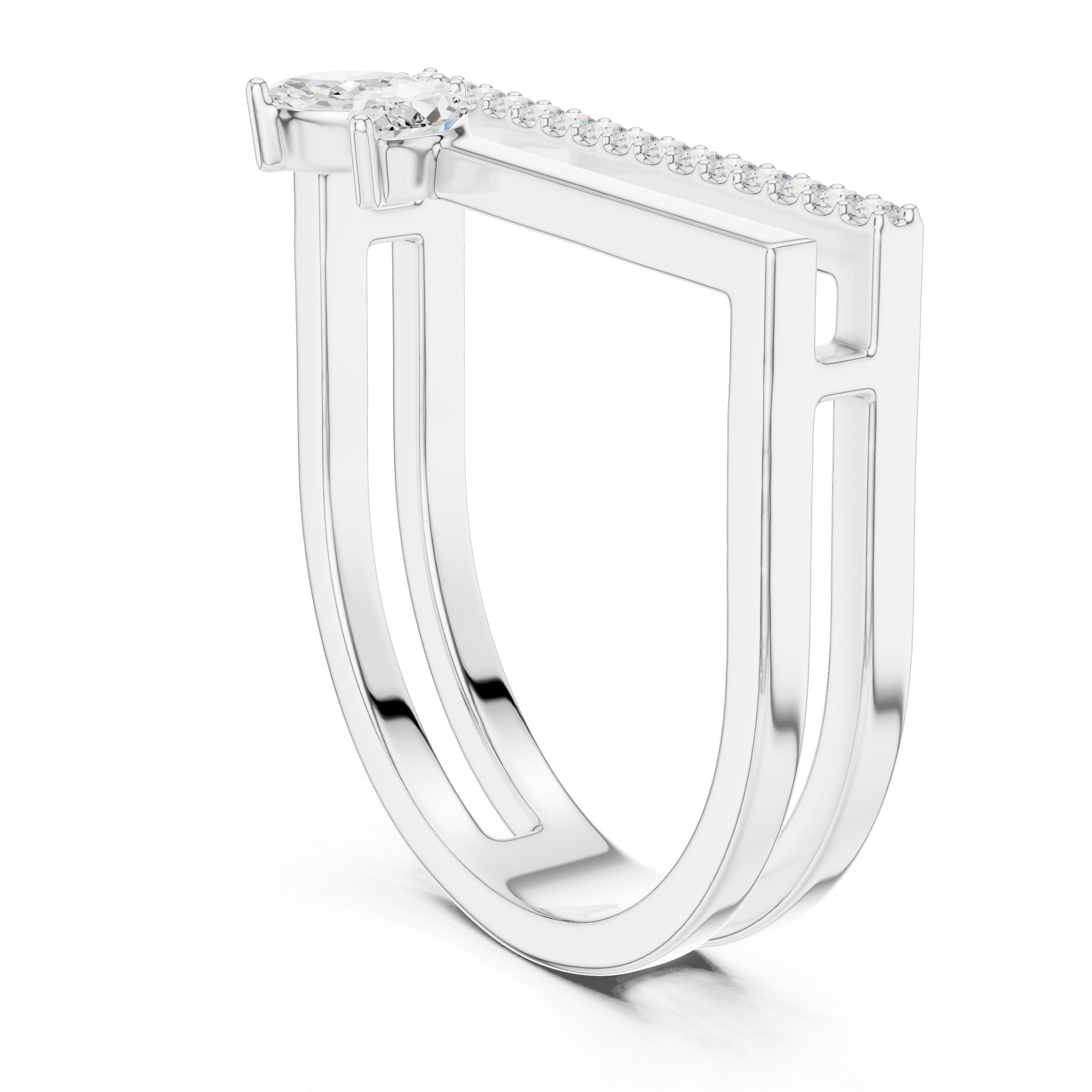 Double Bar Open Ring with Marquise Diamond Accent and Pavé Bar Band