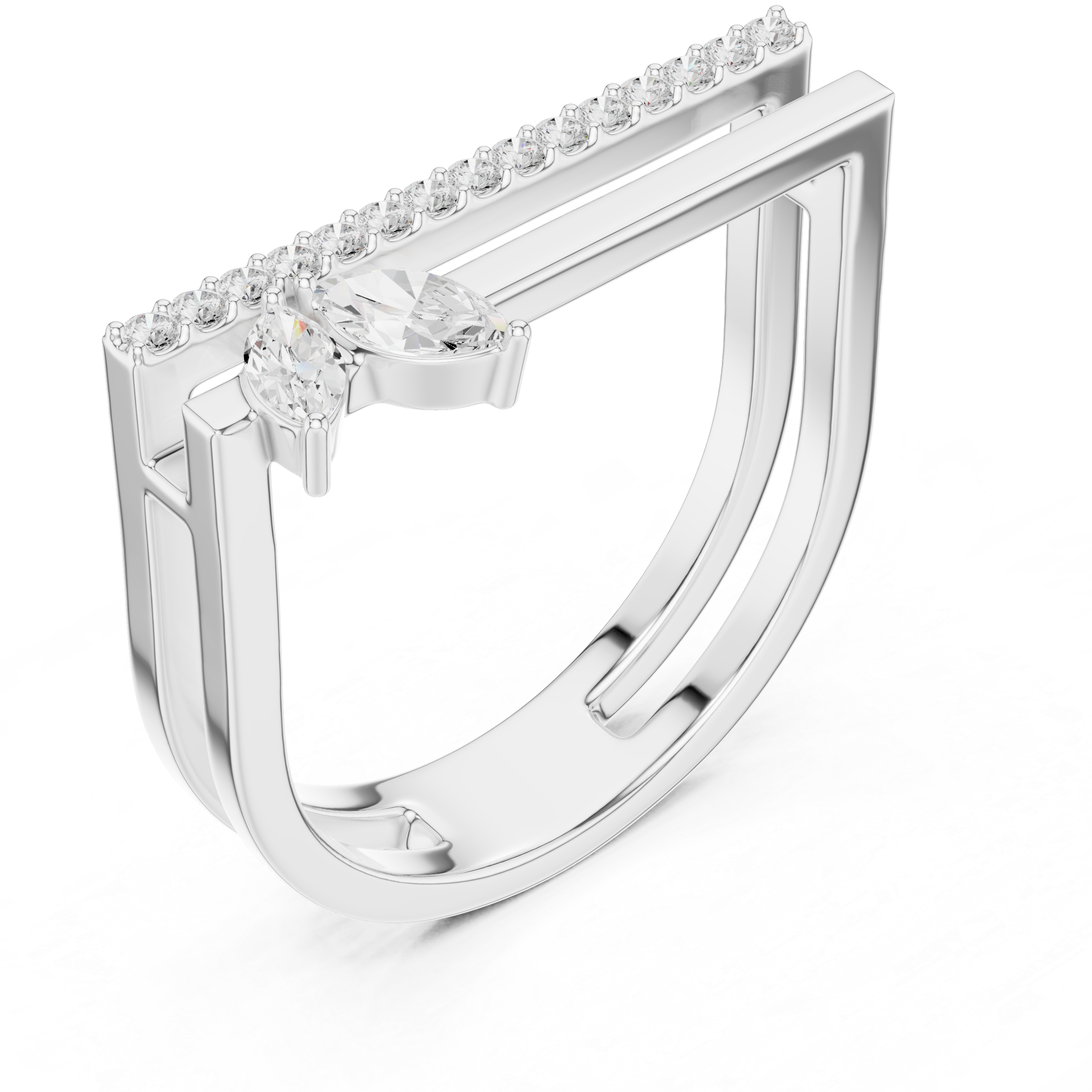 Double Bar Open Ring with Marquise Diamond Accent and Pavé Bar Band