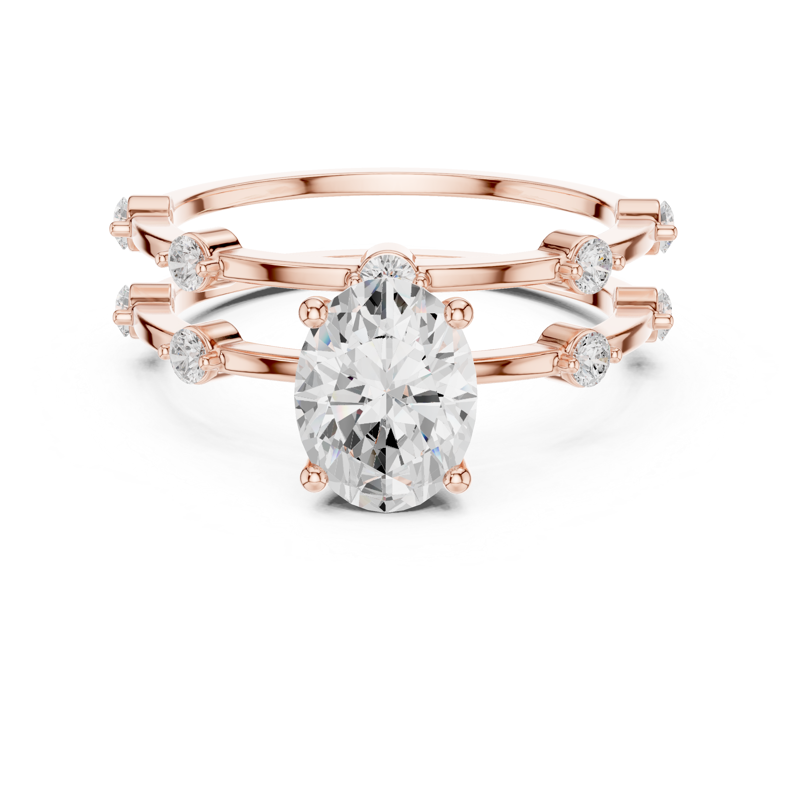 Oval Cut Engagement Ring Set with Matching Diamond Bands – Three Piece Bridal Ring Set