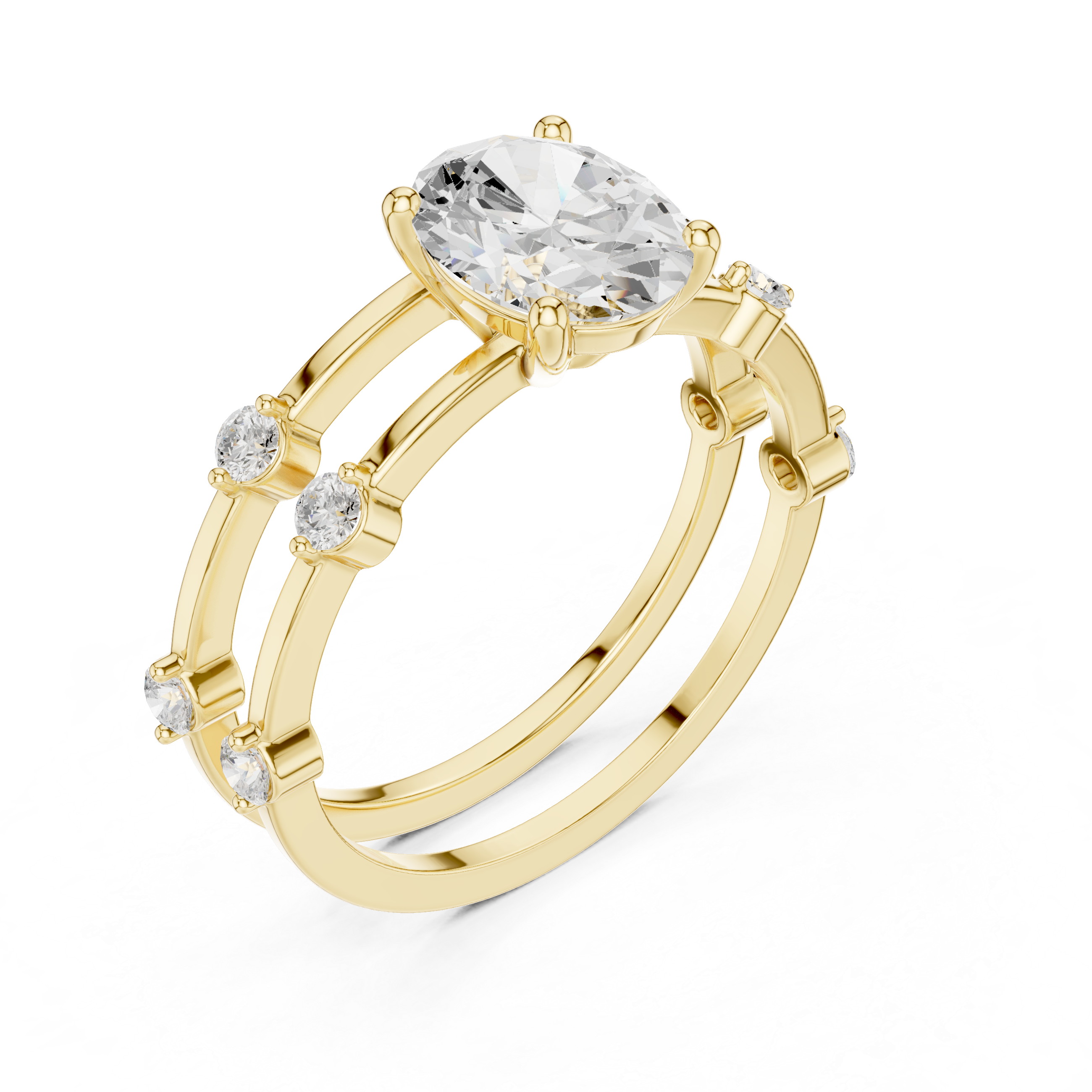 Oval Cut Engagement Ring Set with Matching Diamond Bands – Three Piece Bridal Ring Set