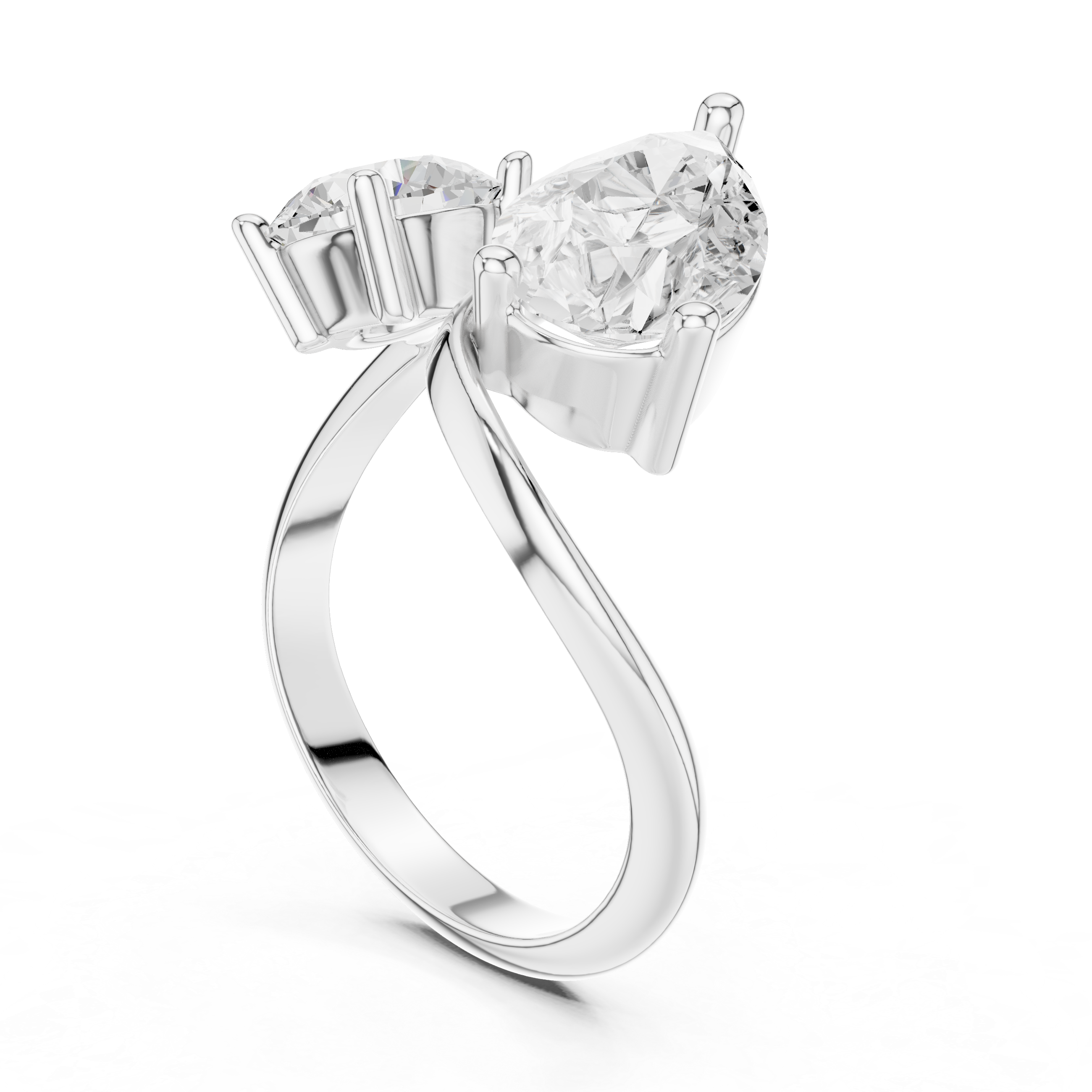 Round & Pear Diamond Bypass Ring – Two Stone Open Twist Engagement Ring