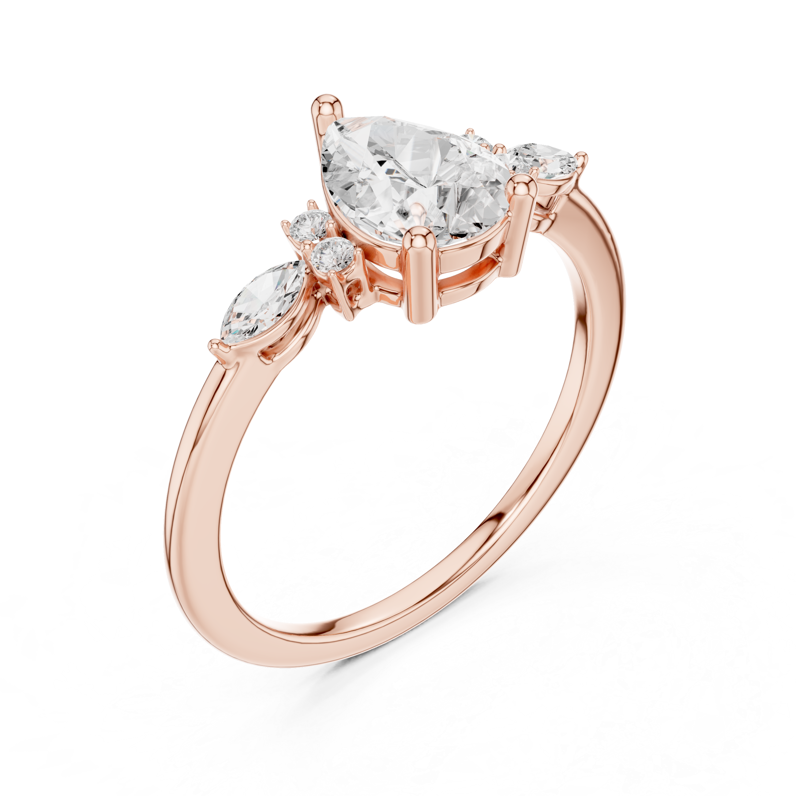 Pear Diamond Engagement Ring with Marquise Side Stones – Vintage Inspired Three-Stone Ring