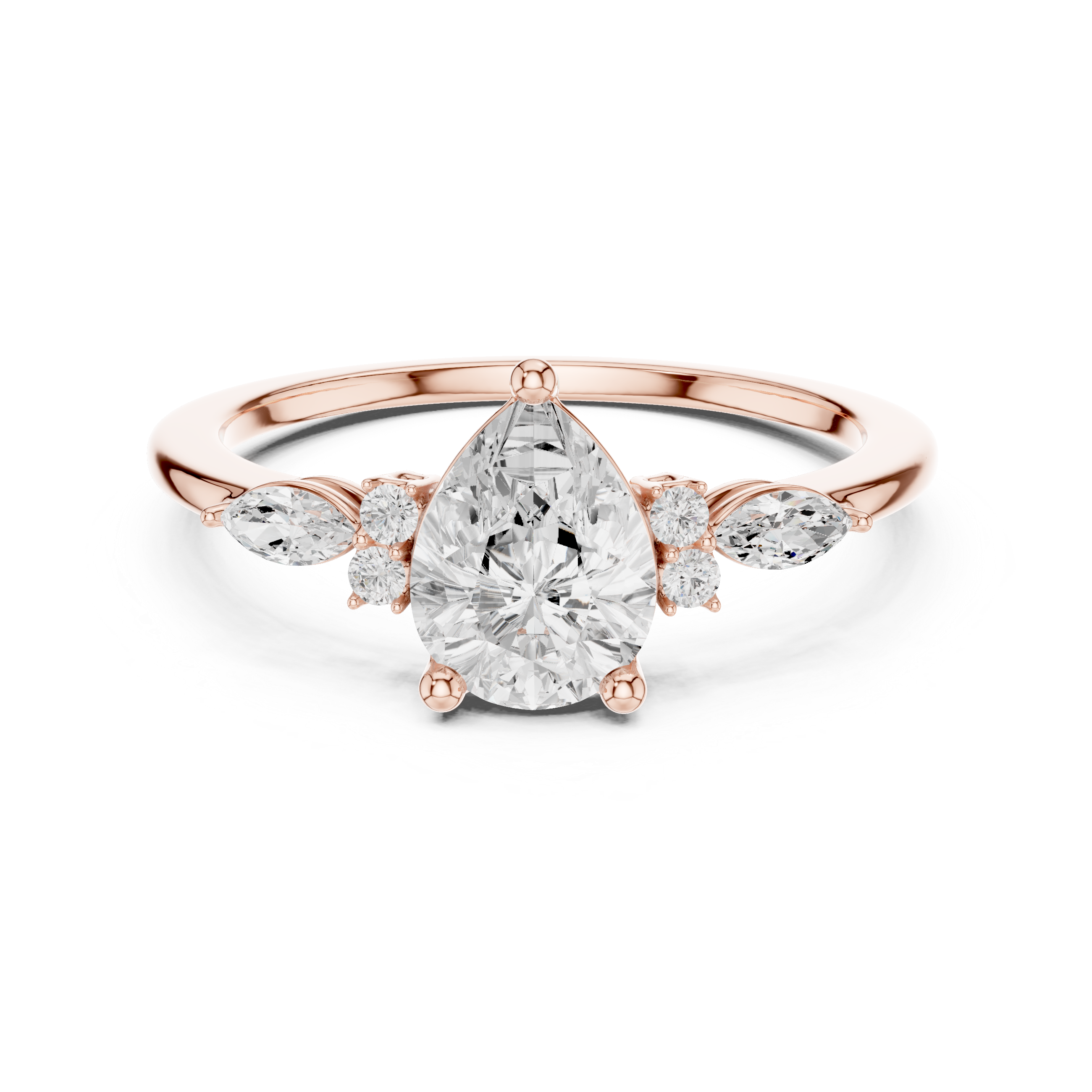Pear Diamond Engagement Ring with Marquise Side Stones – Vintage Inspired Three-Stone Ring