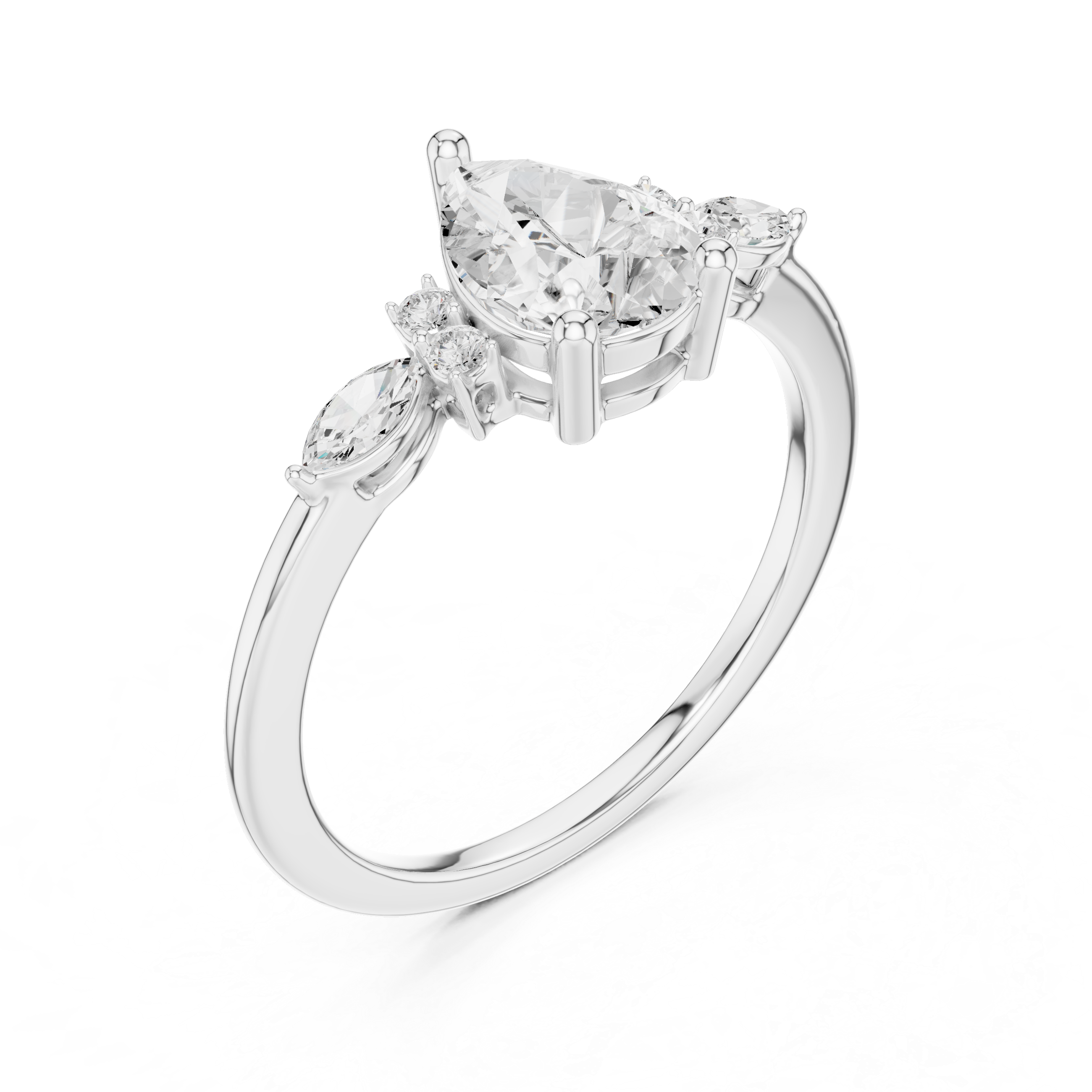 Pear Diamond Engagement Ring with Marquise Side Stones – Vintage Inspired Three-Stone Ring