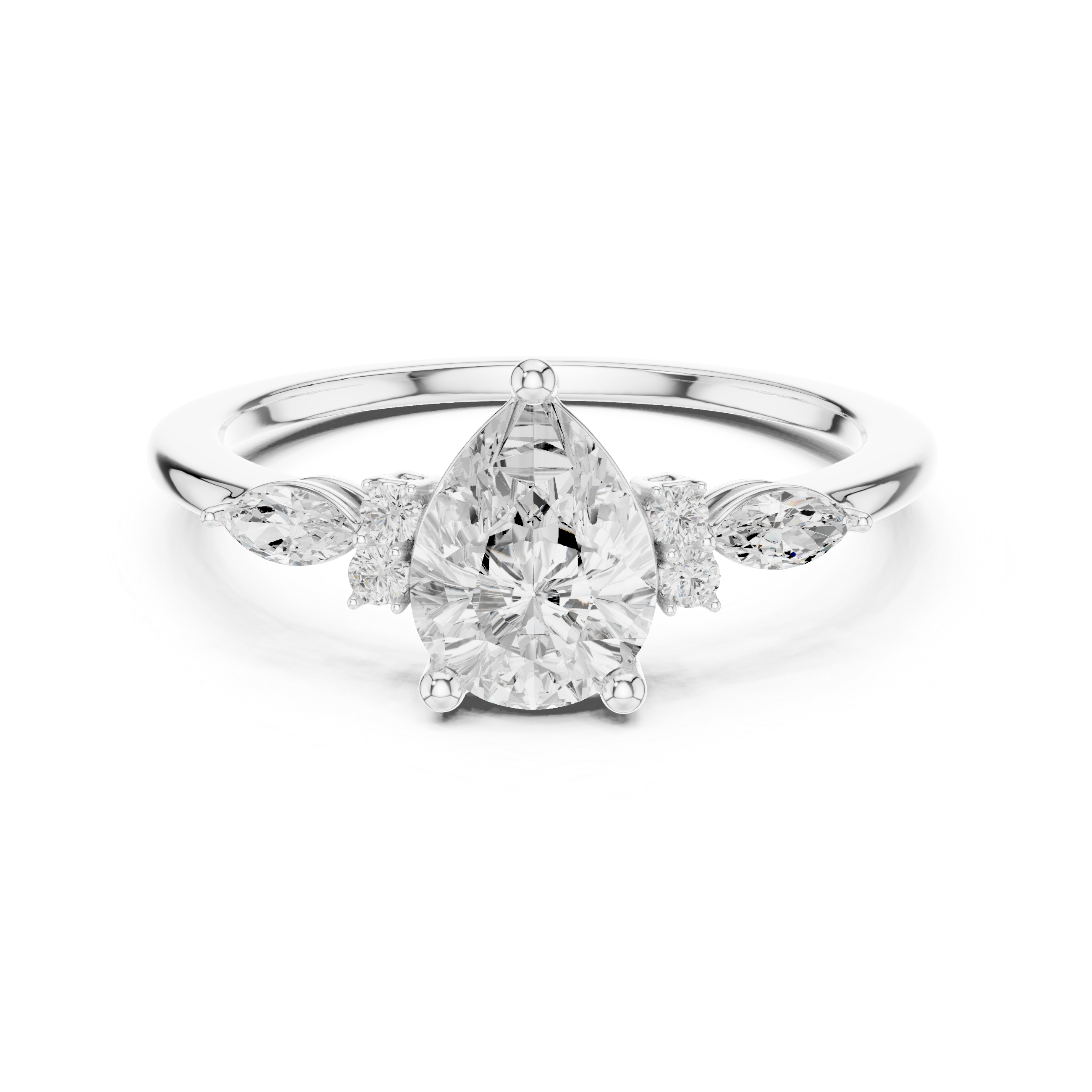 Pear Diamond Engagement Ring with Marquise Side Stones – Vintage Inspired Three-Stone Ring
