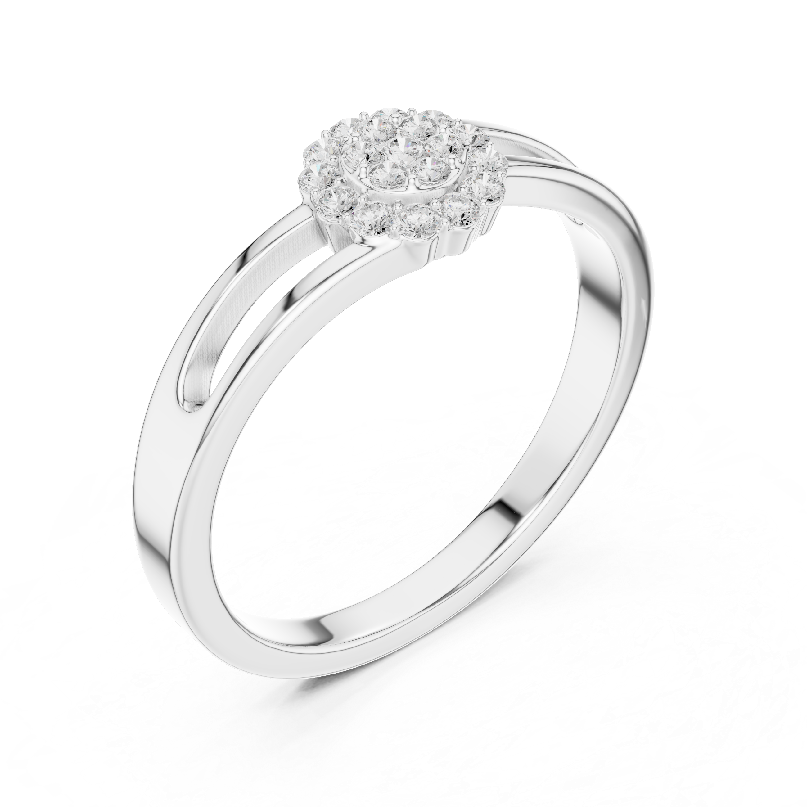 Round Diamond Cluster Halo Split Shank Ring