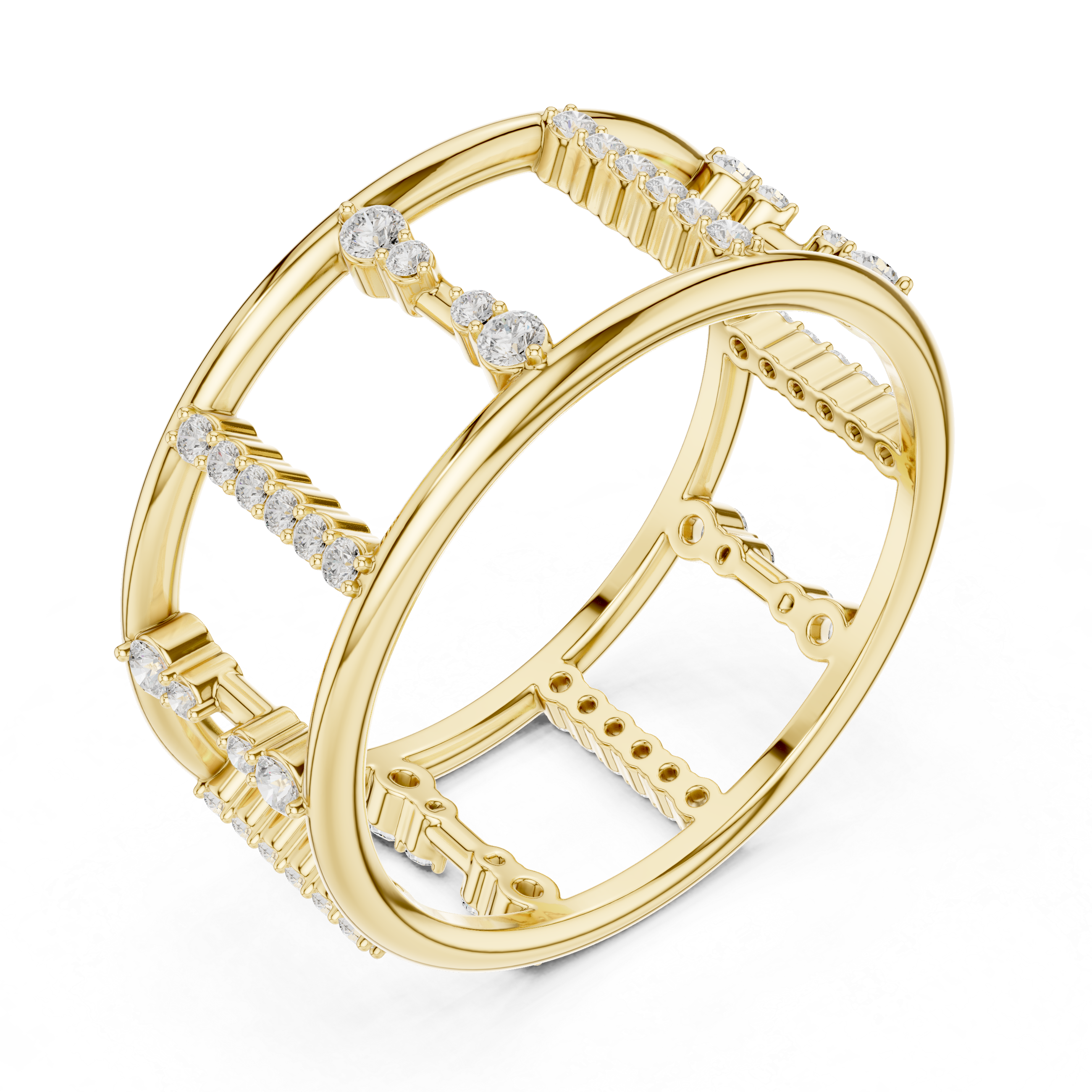 Diamond Openwork Cage Ring – Geometric Multi-Row Statement Ring