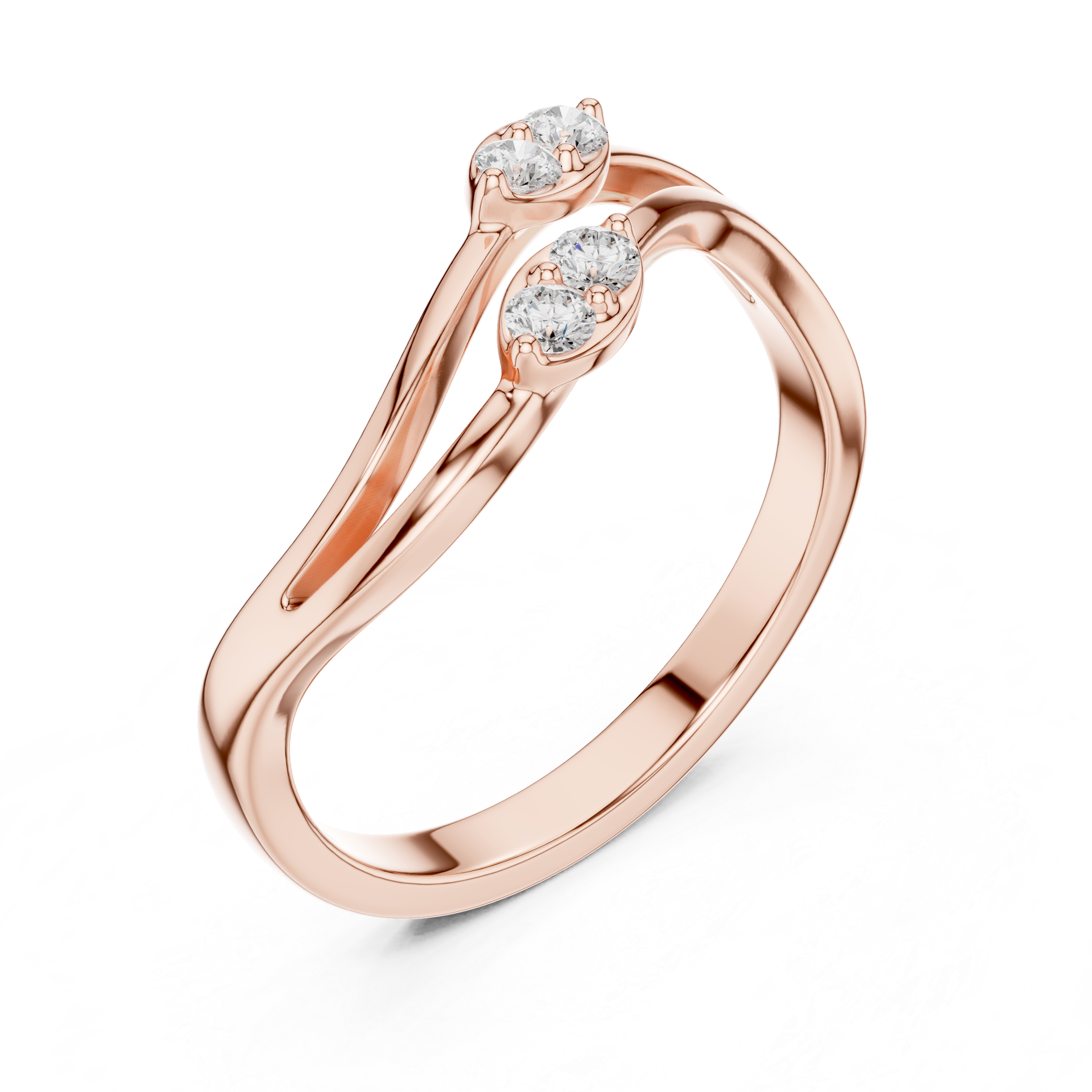 Double Wave Diamond Ring – Modern Openwork Crossover Band with Four Round Stones
