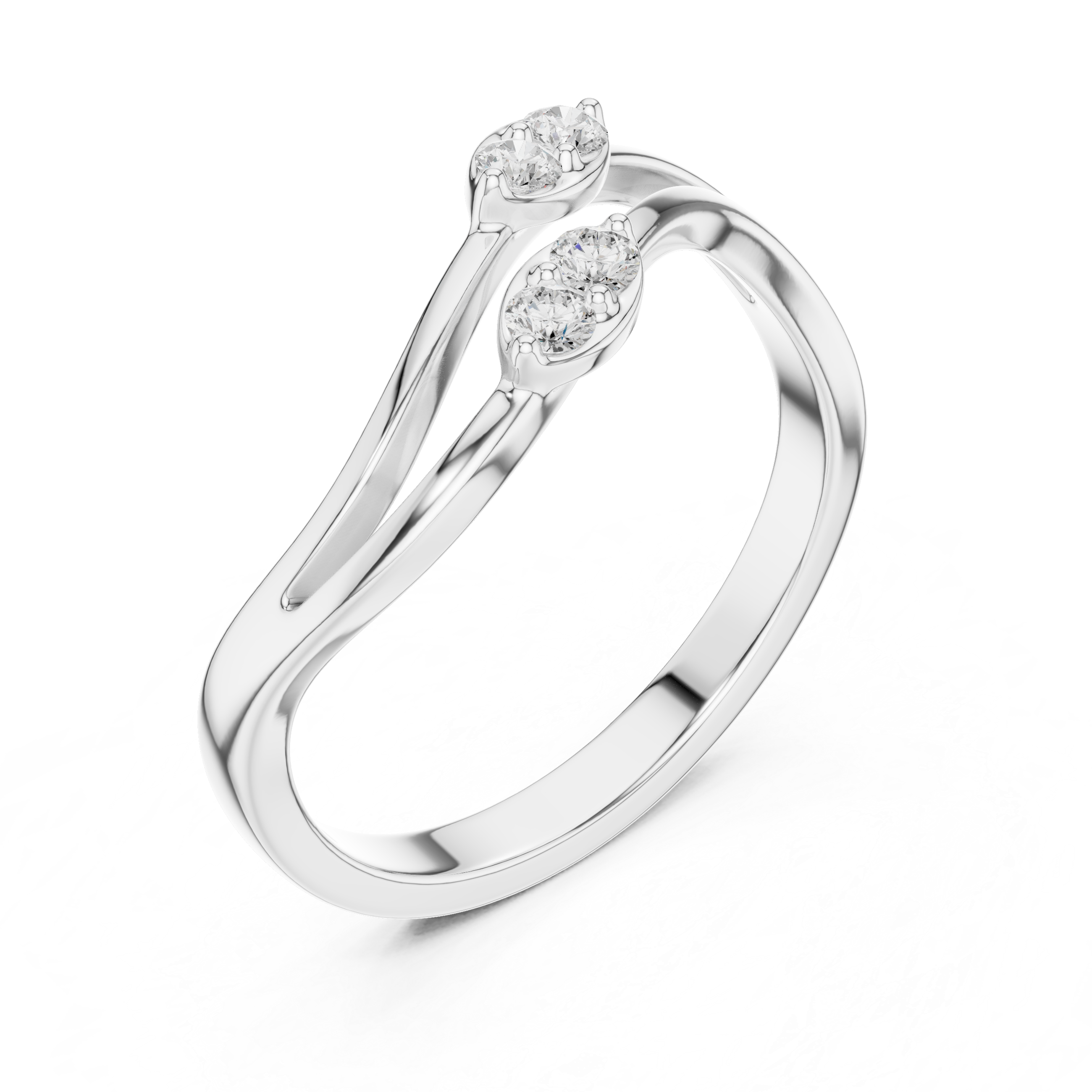 Double Wave Diamond Ring – Modern Openwork Crossover Band with Four Round Stones
