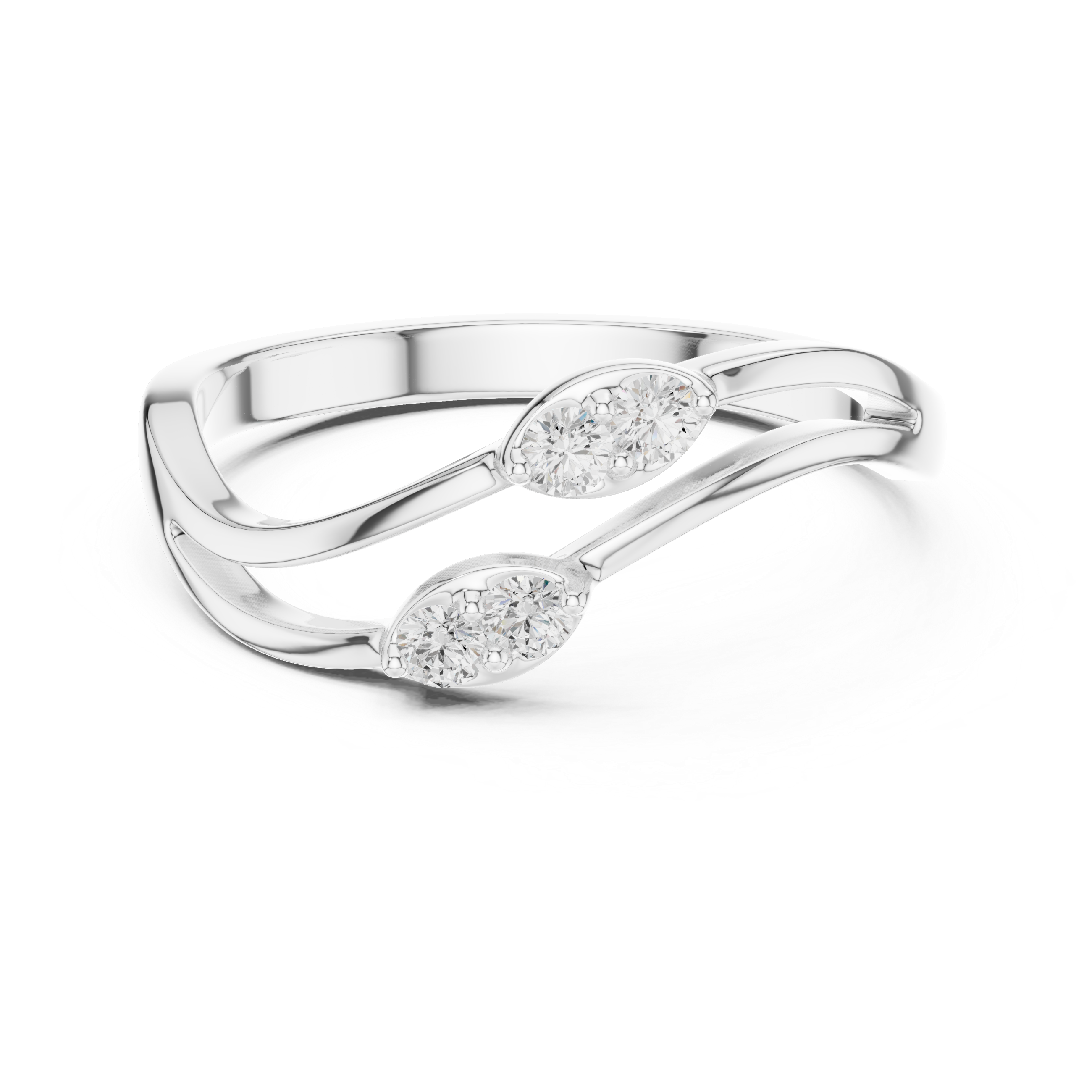 Double Wave Diamond Ring – Modern Openwork Crossover Band with Four Round Stones