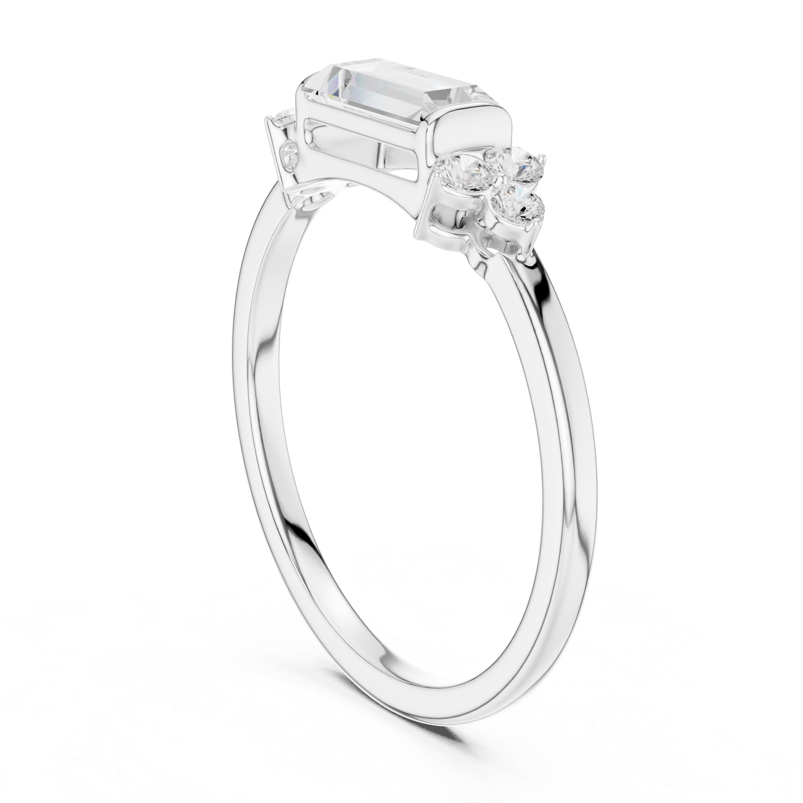 Emerald Cut Diamond Ring with Round Diamond Clusters – Minimalist Three-Stone Engagement Ring