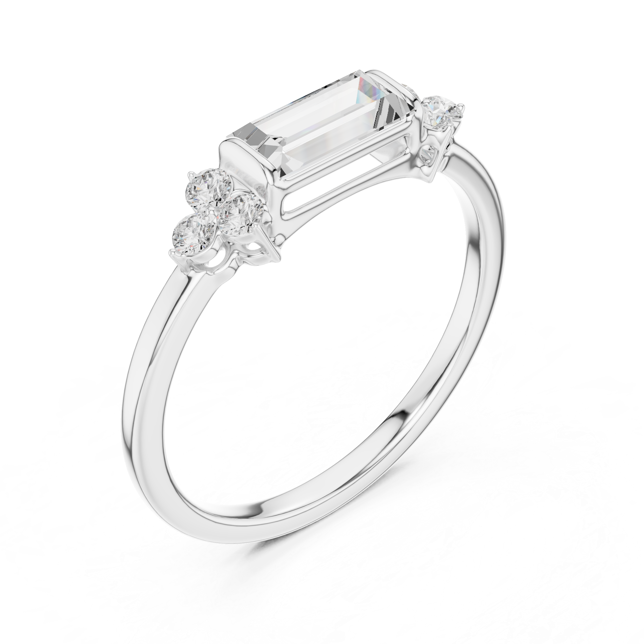 Emerald Cut Diamond Ring with Round Diamond Clusters – Minimalist Three-Stone Engagement Ring