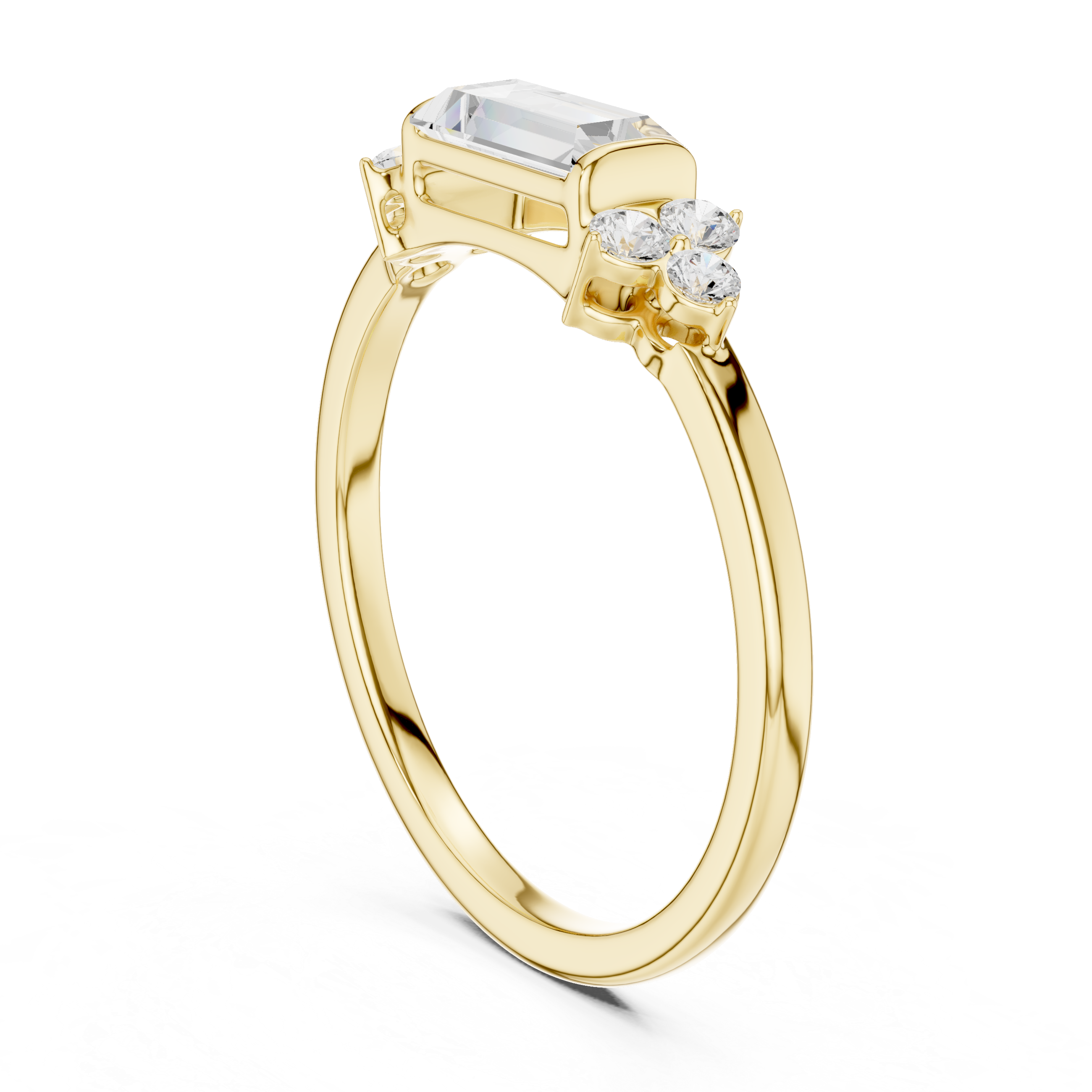 Emerald Cut Diamond Ring with Round Diamond Clusters – Minimalist Three-Stone Engagement Ring