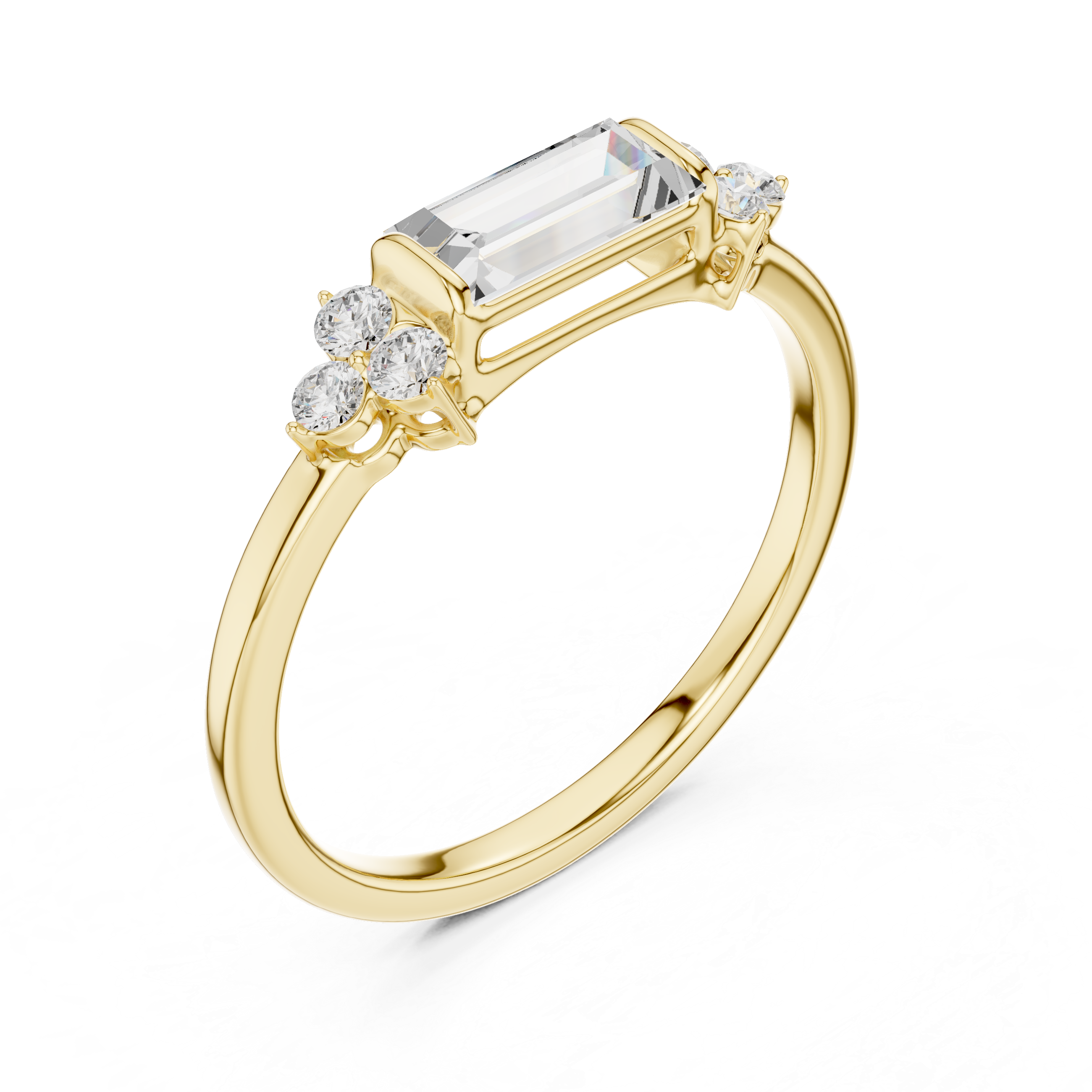 Emerald Cut Diamond Ring with Round Diamond Clusters – Minimalist Three-Stone Engagement Ring