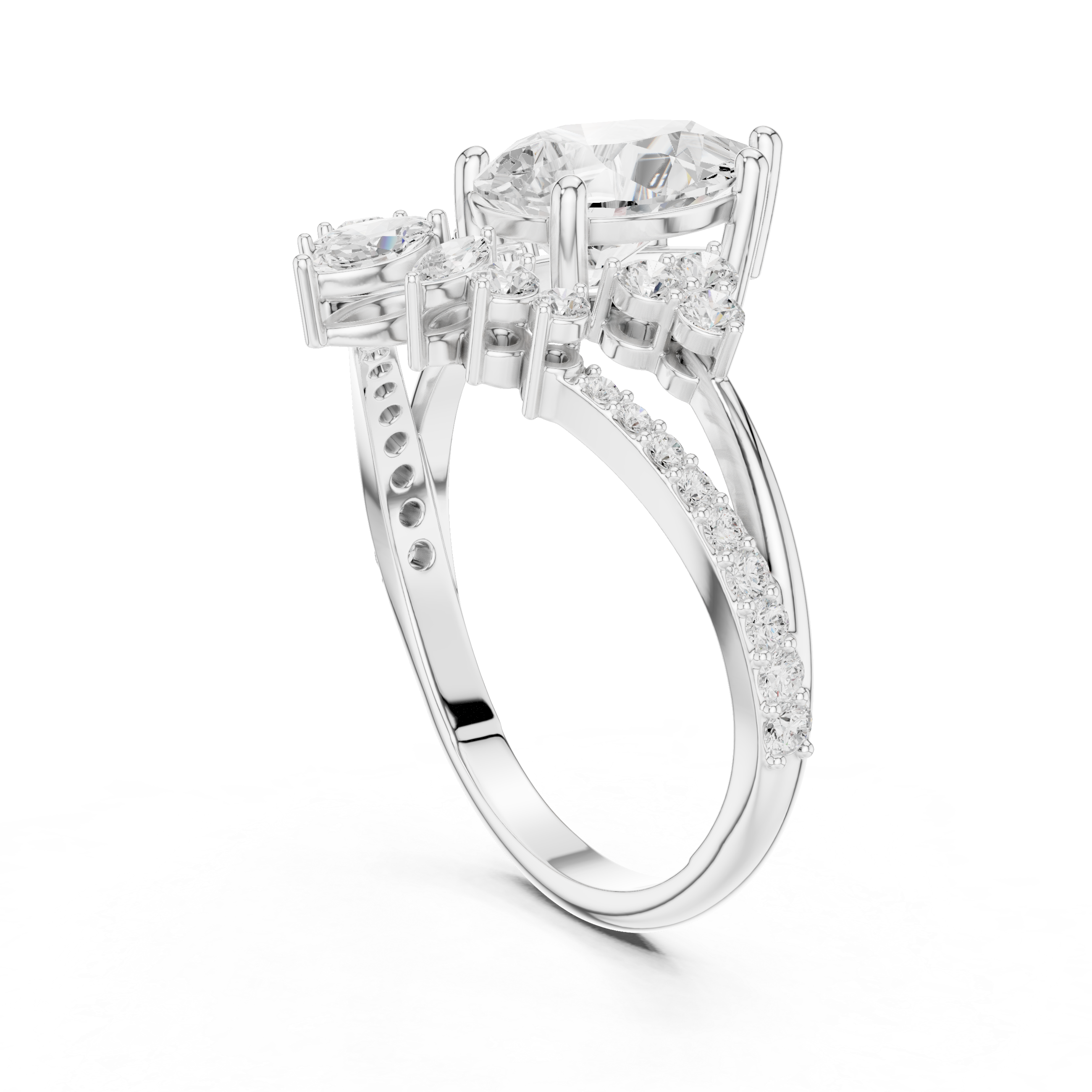 Pear Shaped Diamond Bridal Ring Set with Chevron Wedding Band – Vintage Inspired Engagement Ring Set