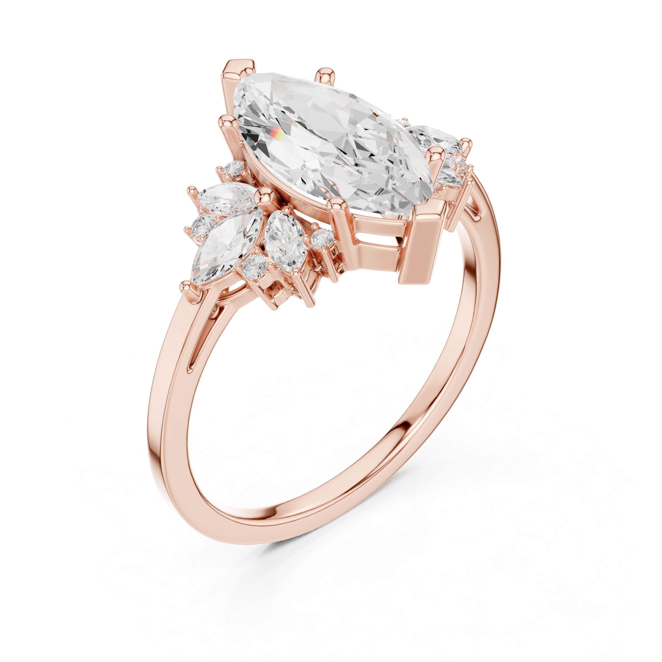 Marquise Diamond Halo Engagement Ring – Floral Cluster Statement Ring with Marquise Center Stone