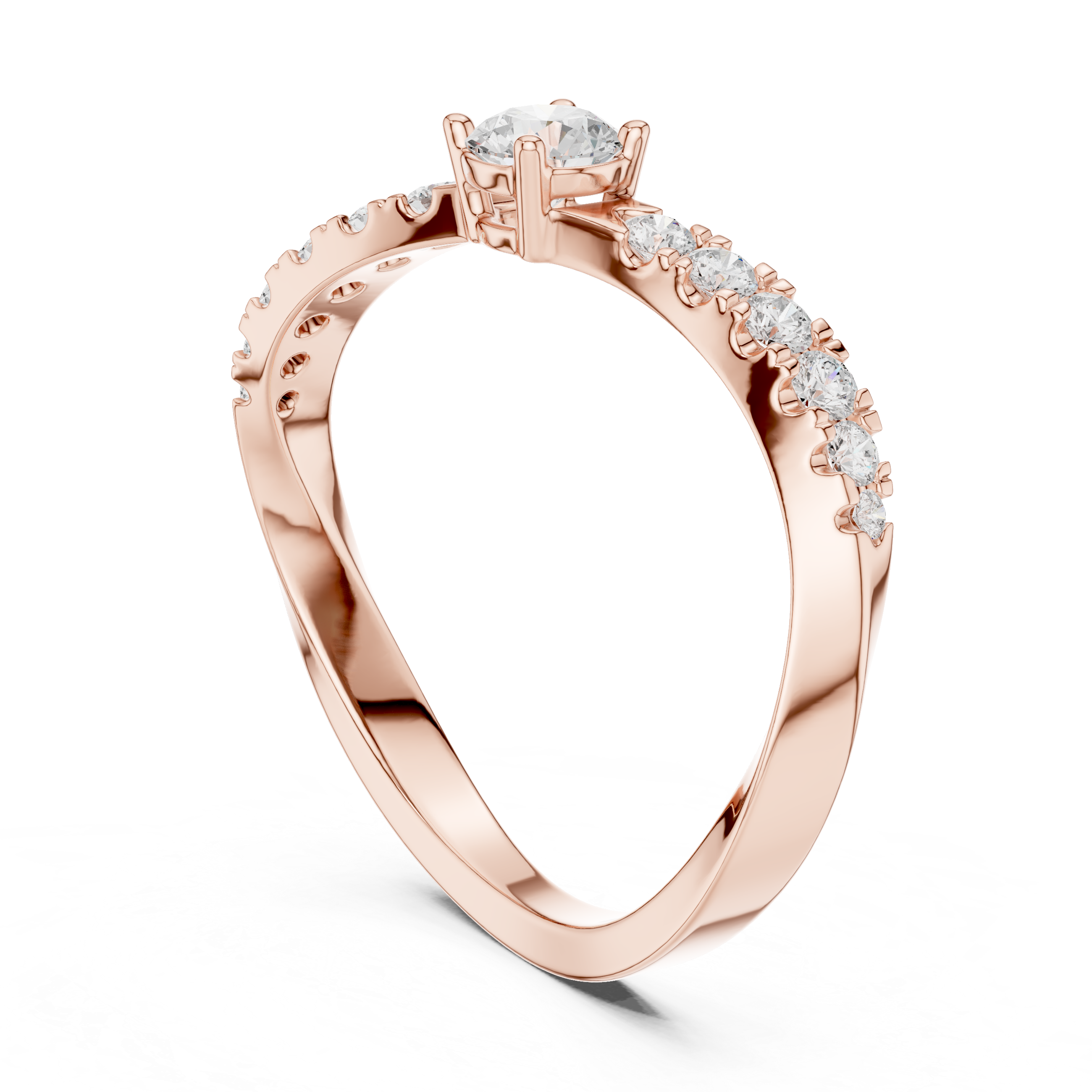 Twisted Diamond Solitaire Engagement Ring – Modern Bypass Promise Ring with Pavé Accents