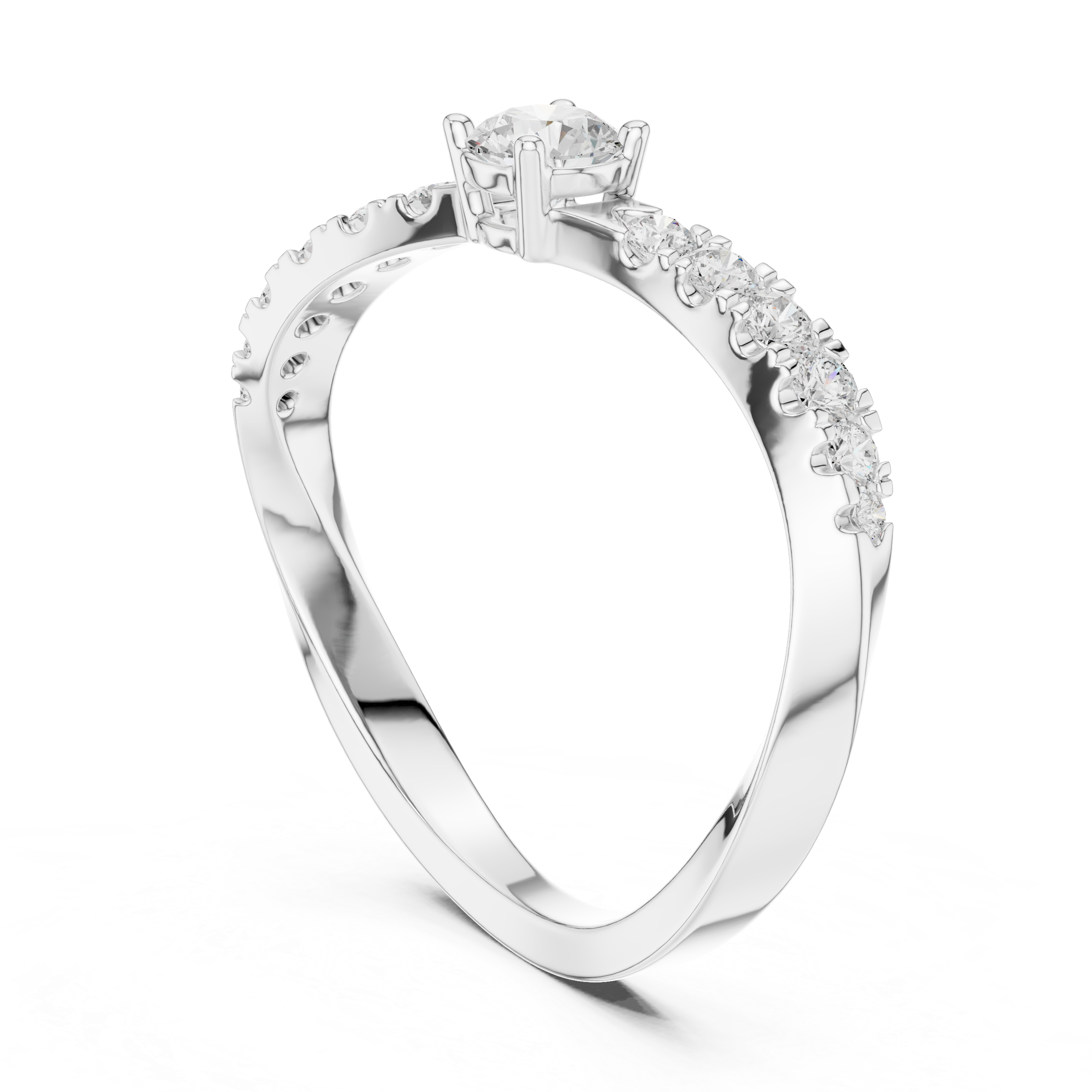 Twisted Diamond Solitaire Engagement Ring – Modern Bypass Promise Ring with Pavé Accents