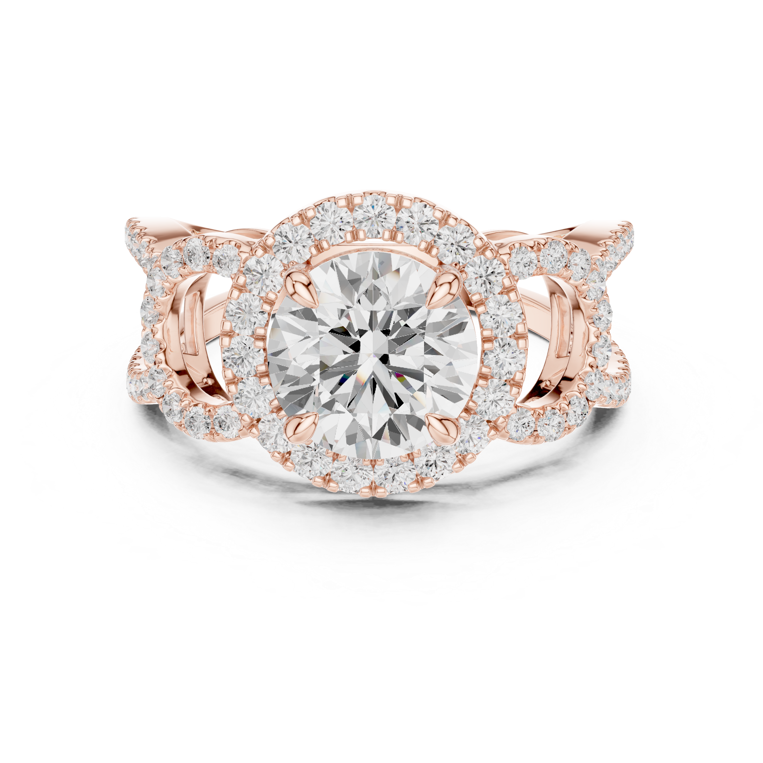 Round Halo Diamond Engagement Ring with Split Shank Pavé Band
