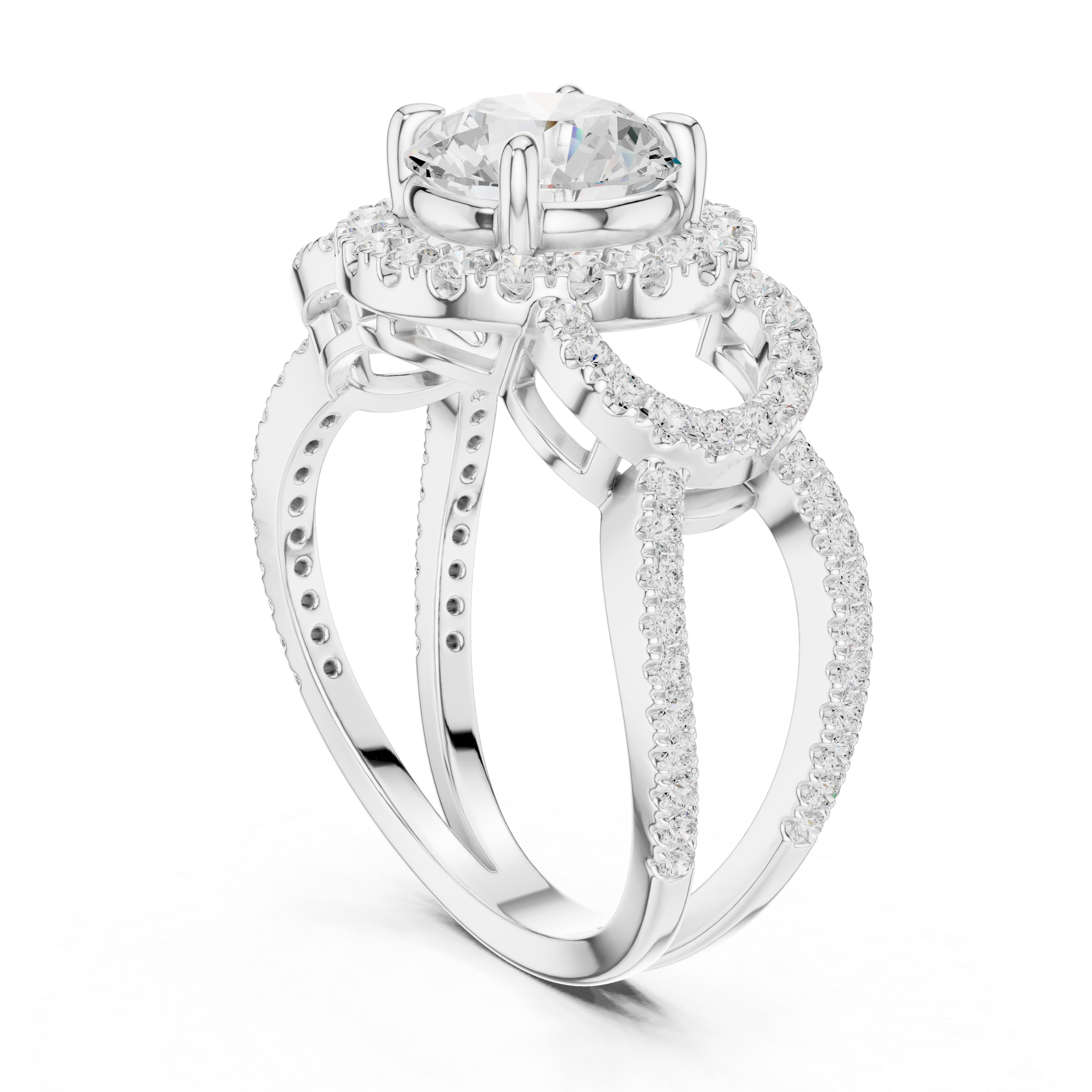 Round Halo Diamond Engagement Ring with Split Shank Pavé Band