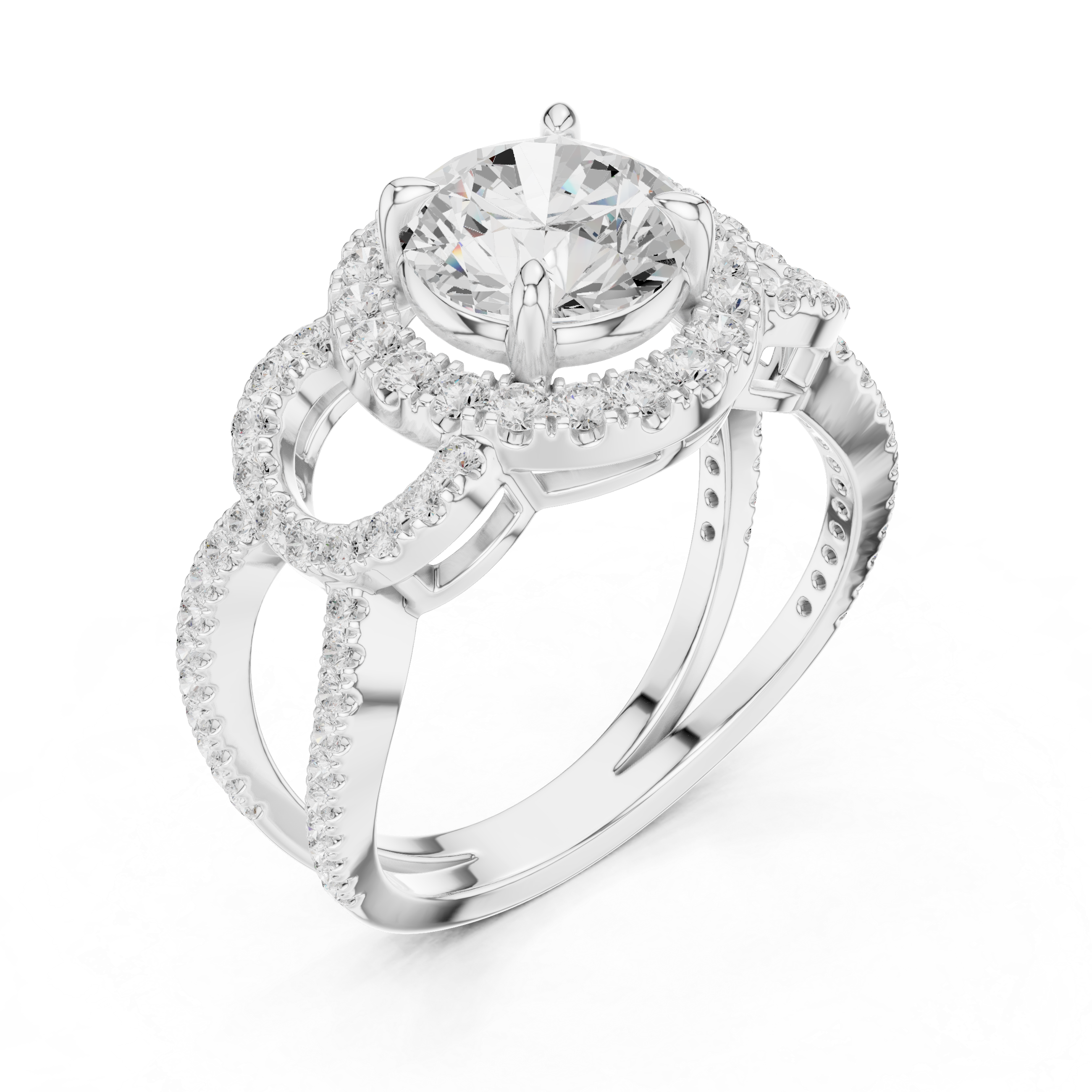 Round Halo Diamond Engagement Ring with Split Shank Pavé Band