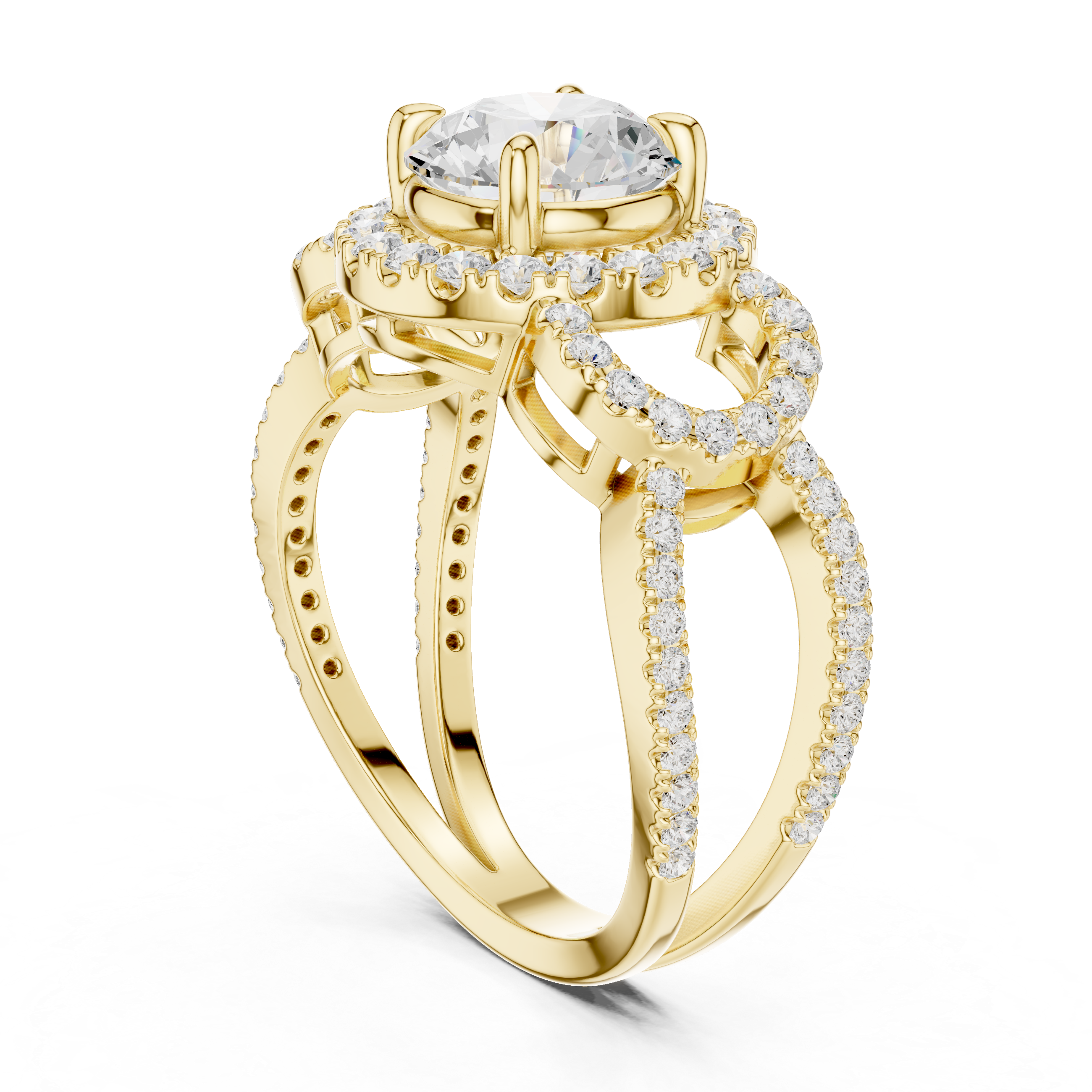 Round Halo Diamond Engagement Ring with Split Shank Pavé Band