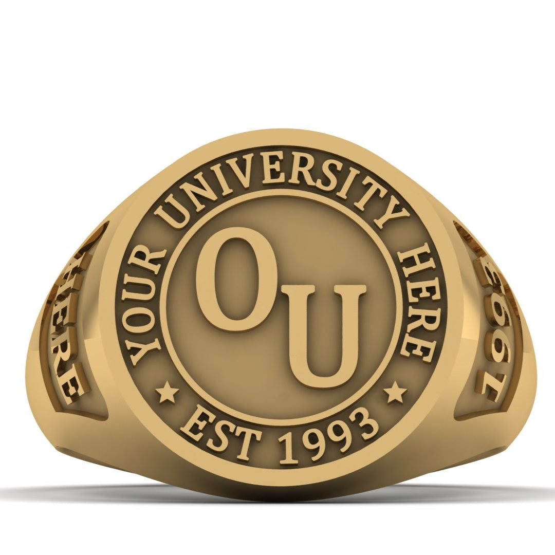 Gold ring with 'University Logo' and customizable text on a white background